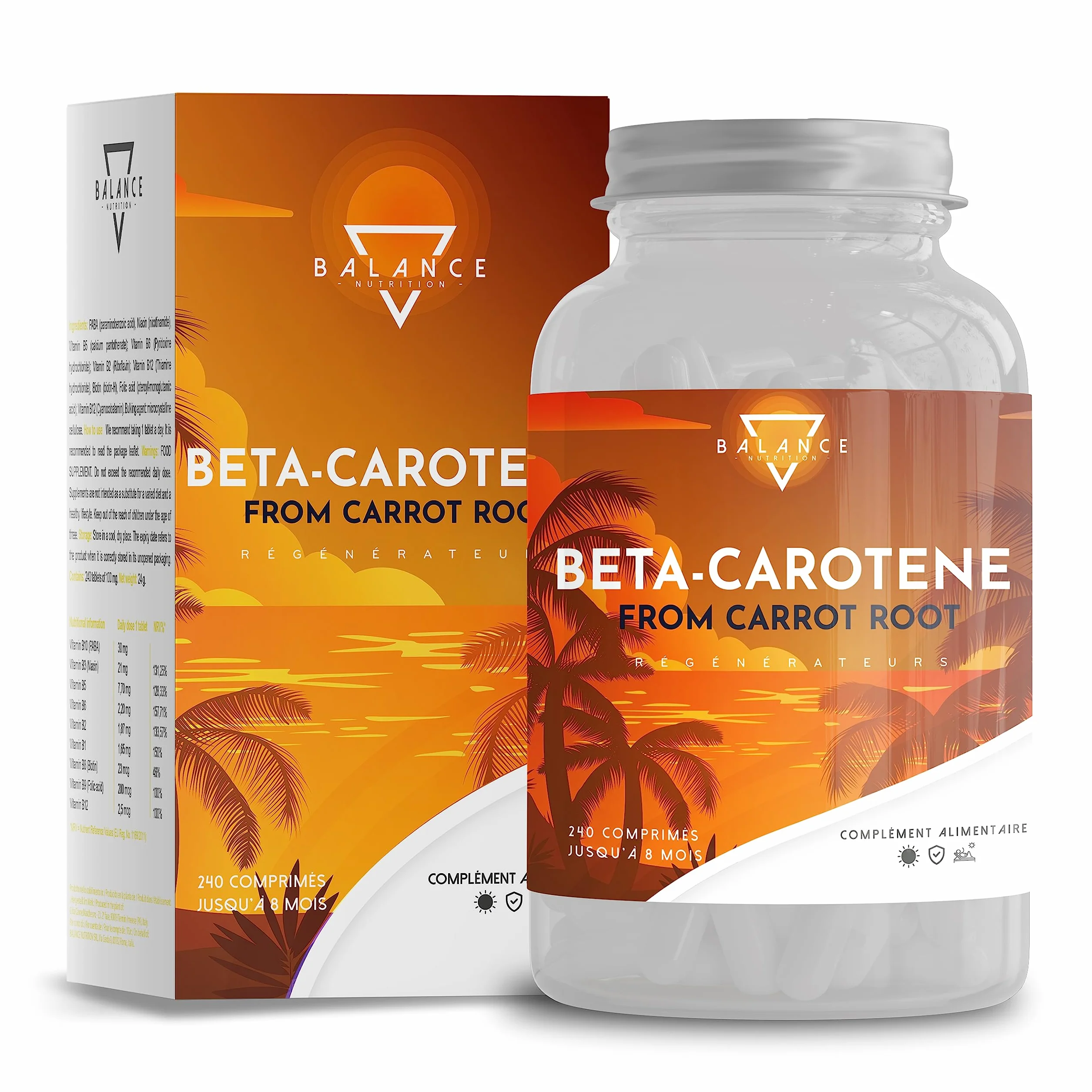 BALANCE NUTRITION BETA CAROTENE 240 Comprimés Autobronzant Gelule Bêtacarotène Bronzage Fort Extrait de Carotte Naturel