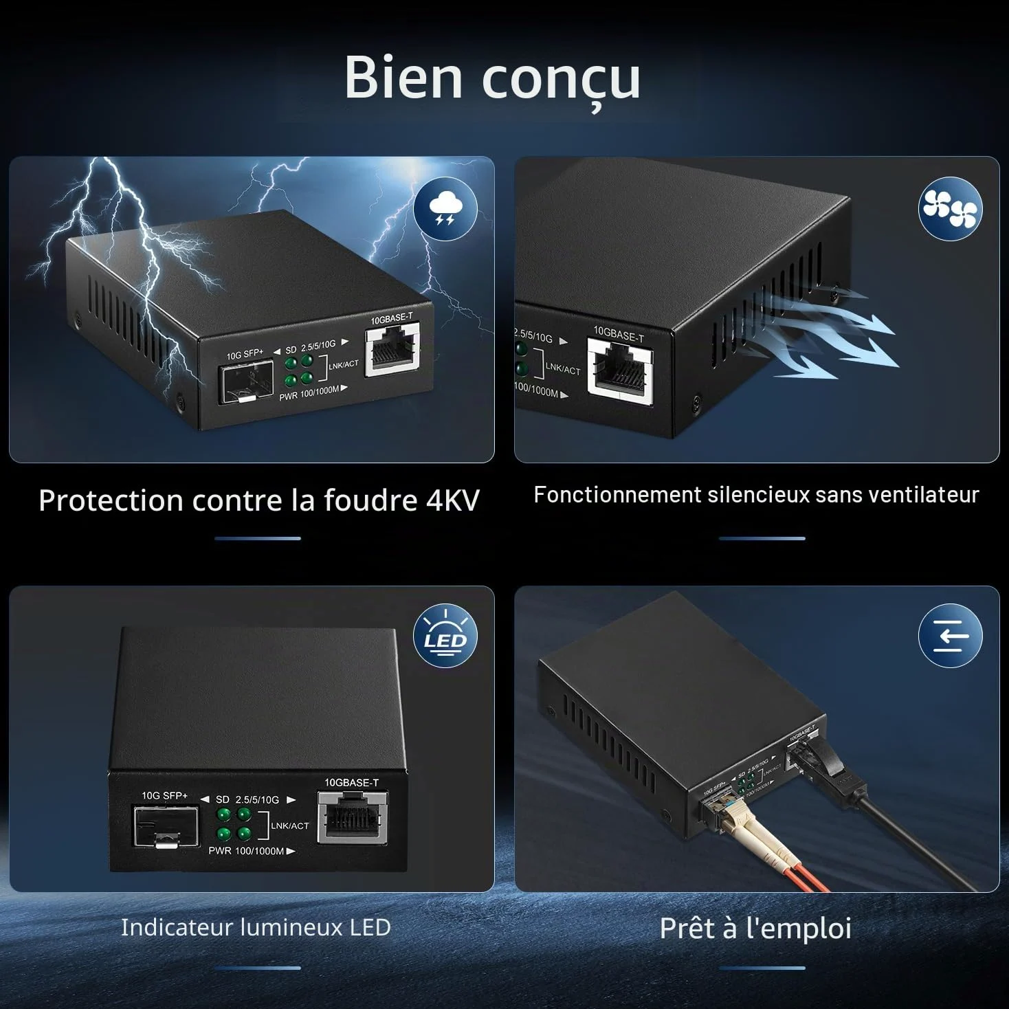 Binardat 10G Fiber Media Coverter, 2 ports 10 Gigabit Ethernet, 1 port RJ45 10G, 1 port SFP 10G, mini boîtier en métal sans ventilateur, plug and play non géré
