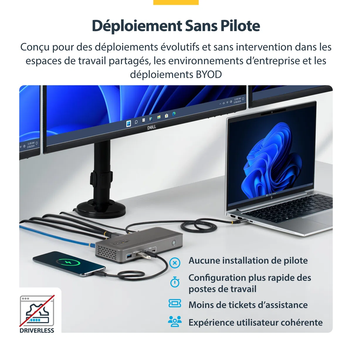 StarTech Dock USB-C Windows sans Pilote, Triple 4K, DP/HDMI, 100W, 6X USB