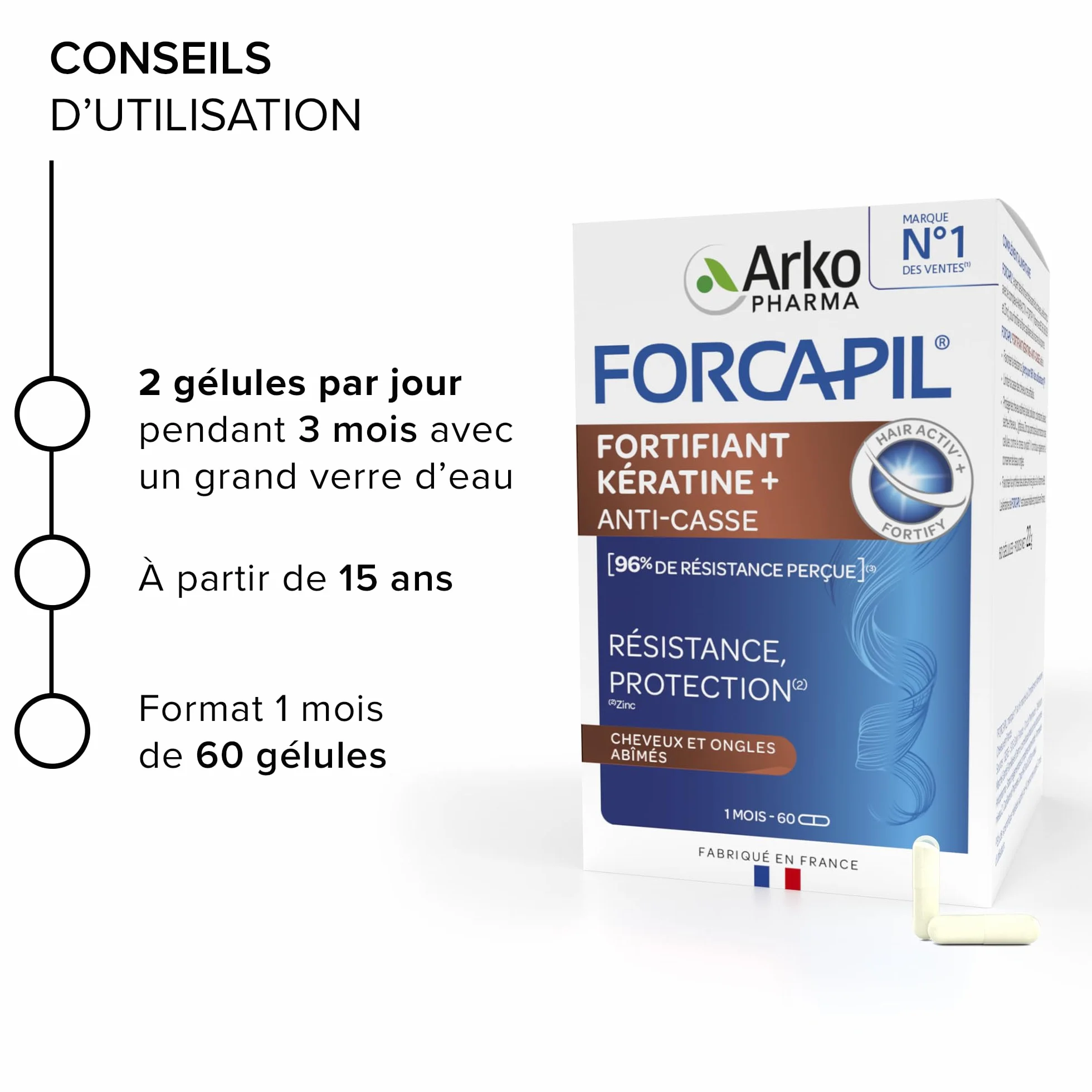 Arkopharma Forcapil Fortifiant Kératine+ Programme 3 mois 120 Gélules