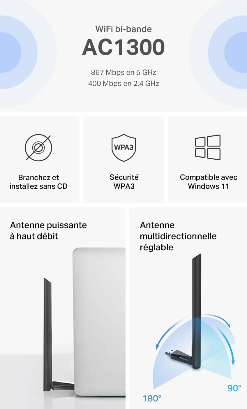 TP-Link MERCUSYS MA30H Clé WiFi AC1300Mbps Adaptateur USB Bi-Bande MU-MIMO Antennes Gain Elevé
