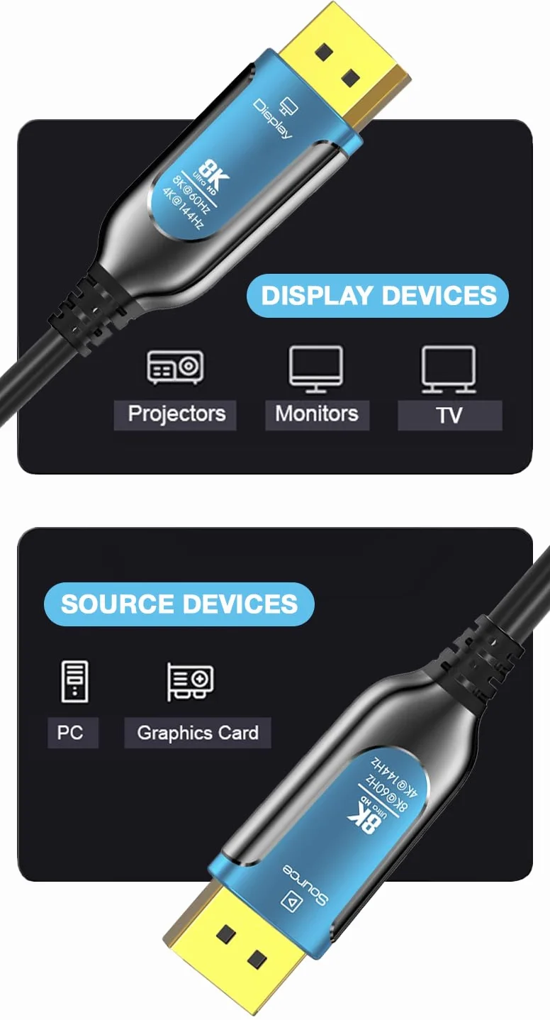 PremiumCord Câble Optique 8K DisplayPort 1.4 M/M 50m, Mâle vers Mâle, 32,4Gbps, Vidéo 8K@60Hz, 5K@60Hz, 4K@60Hz 2160p, Connecteurs Plaqués Or, Bleu/Noir