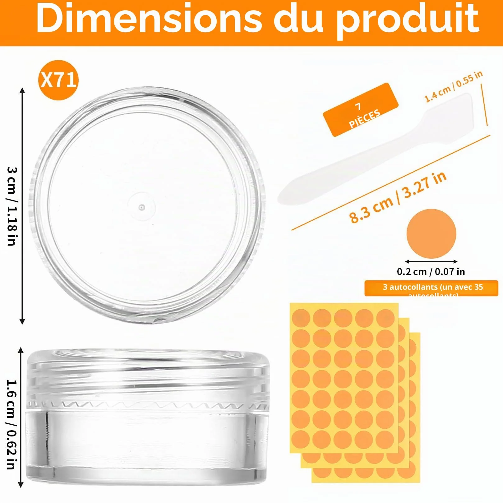 71 Pcs 5ML Petits Pots Vide Cosmétiques avec Couvercles en Plastique, Pots d'échantillons Voyage + Grattoir et étiquettes