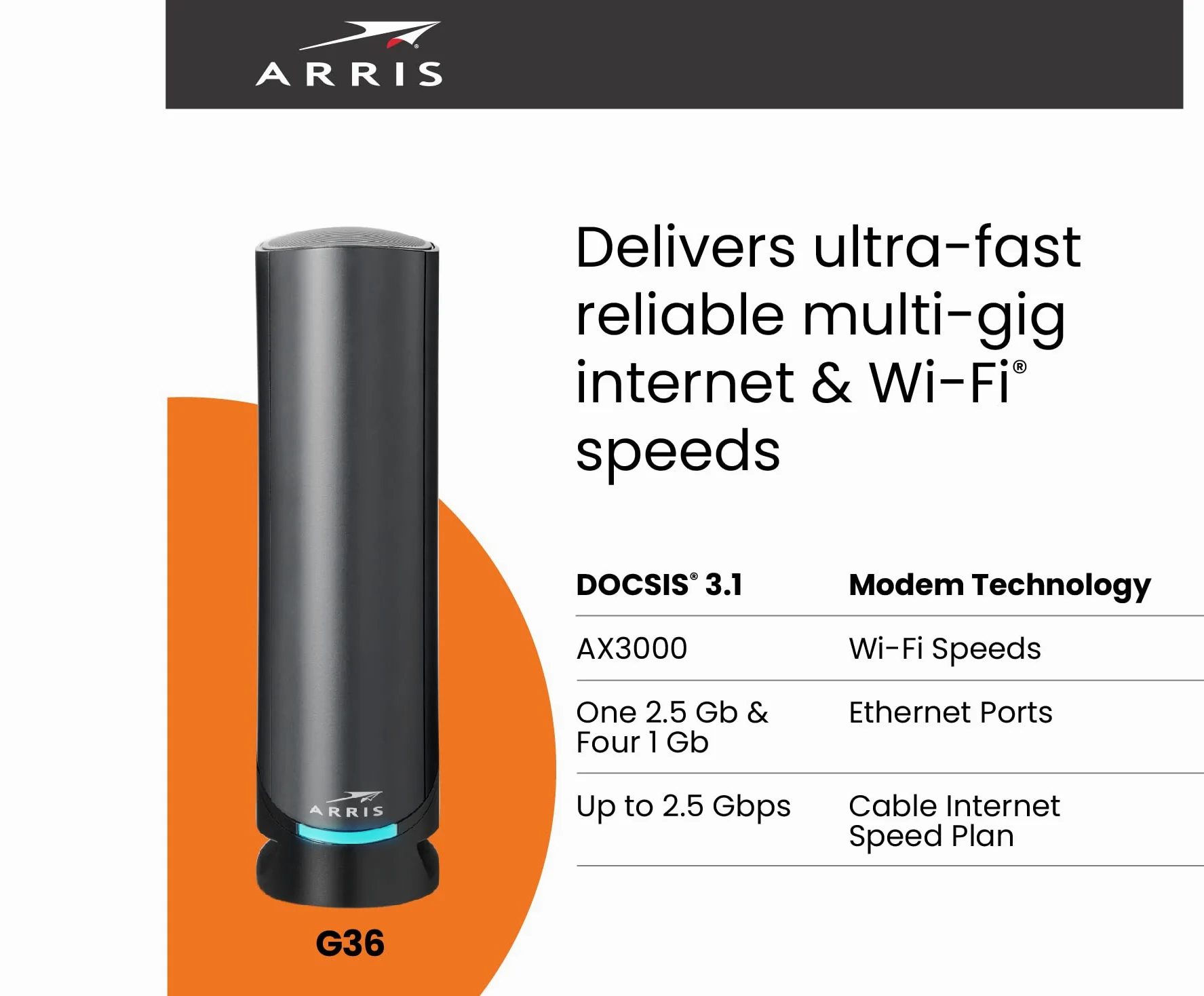 ARRIS (G36) - Cable Modem Router Combo - Fast DOCSIS 3.1 Multi-Gigabit WiFi 6 (AX3000), Approved for Comcast Xfinity, Cox, Spectrum & More, 1.2 Gbps Max Speeds, 2x2 OFDM Channels