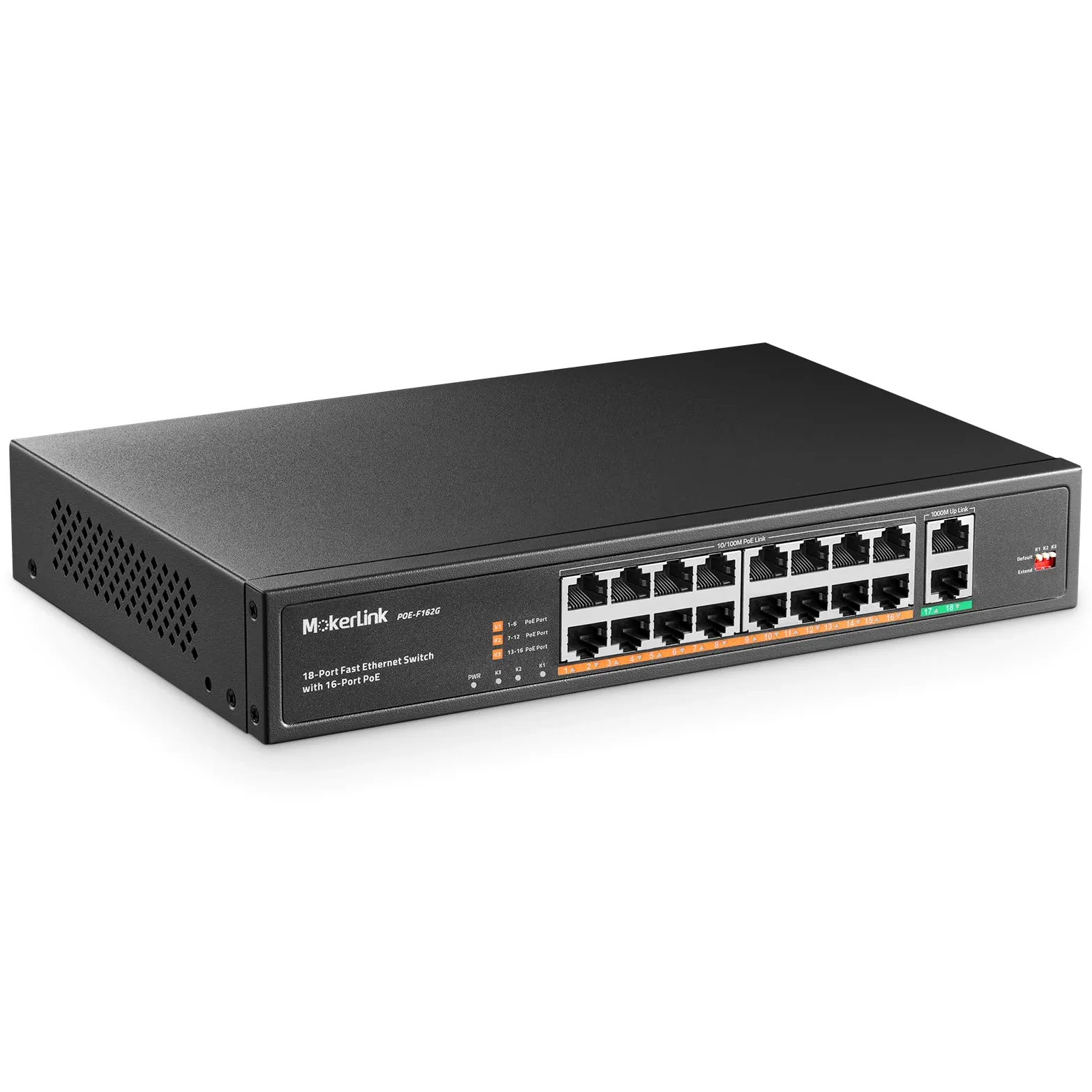 MokerLink 16 Port PoE Switch, 2 Gigabit Uplink Ports, 250W Haute Puissance, Prise en Charge IEEE802.3af/at, Plug-and-Play Non géré monté en Rack