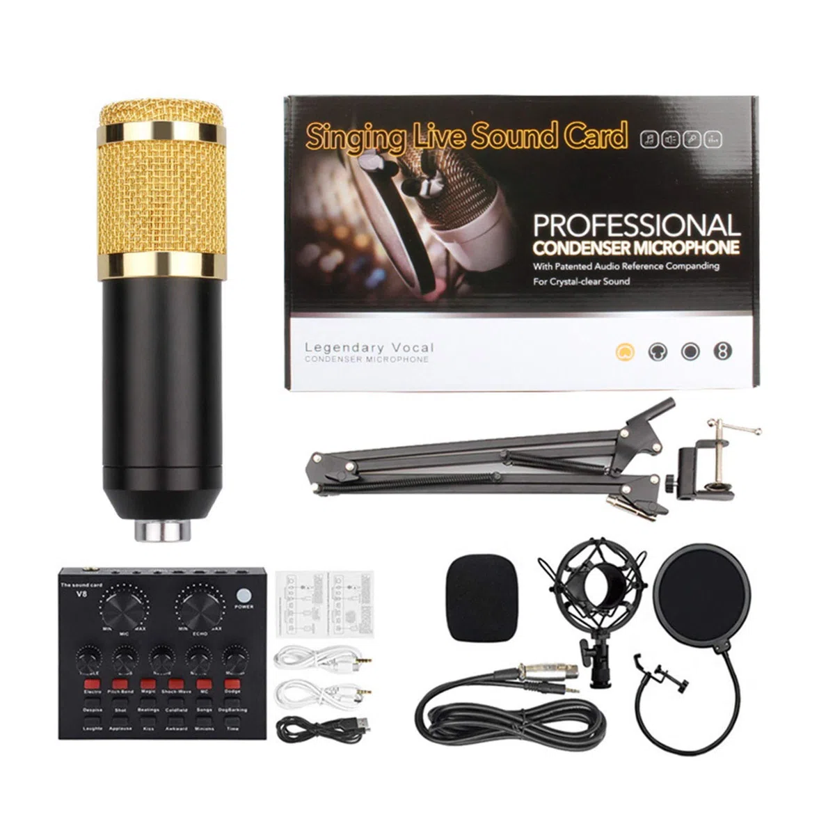 Carte Son, Carte Son multifonctionnelle en Direct, Ensemble de Microphones pour Carte Son, Ensemble de Microphones en métal pour Diffusion, Support réglable, 12 Effets sonores de Fond