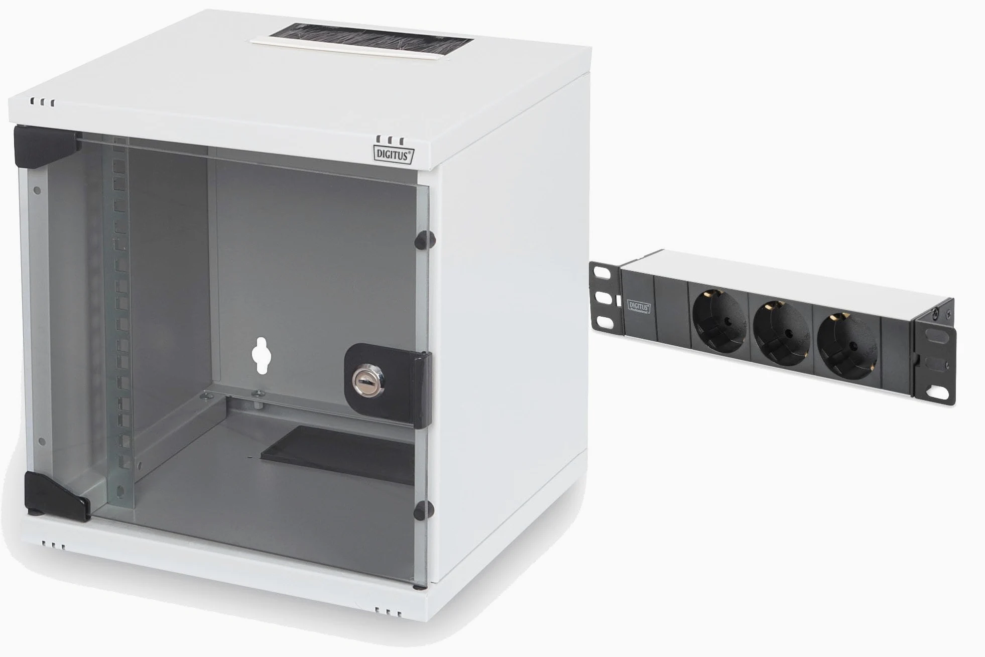 DIGITUS Set: Armoire réseau 10" 6U + Bloc multiprise PDU 3 Ports // Rack 10 Pouces - Montage Mural - h x l x p 330 x 312 x 300 mm - Charge 30kg - Profondeur utile 240mm - Gris