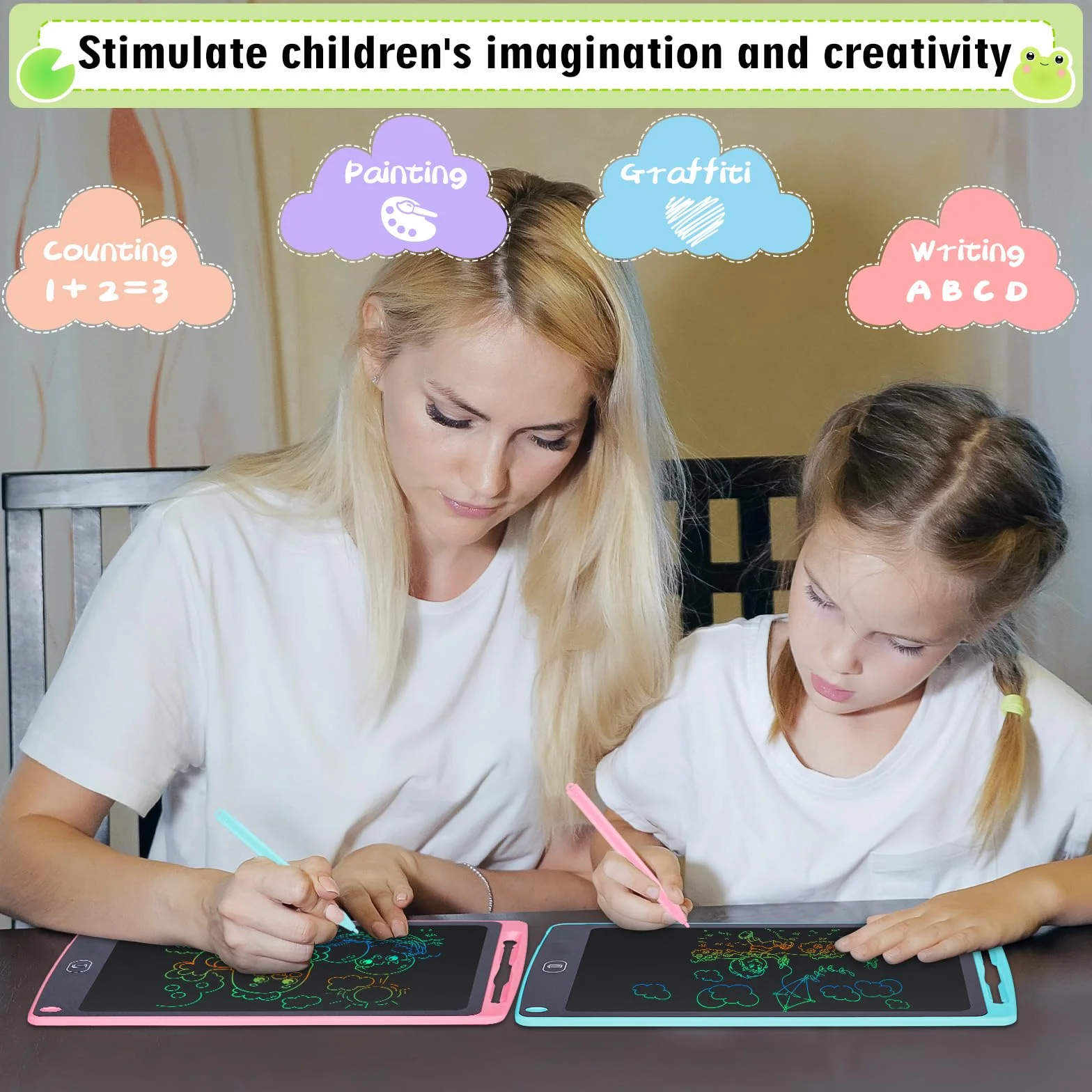 Tablette D'écriture LCD 10 Pouces avec Ecran Coloré, Bloc Effaçable Autocollants Animaux pour Enfants 3-6 Ans, Bleu + Rose