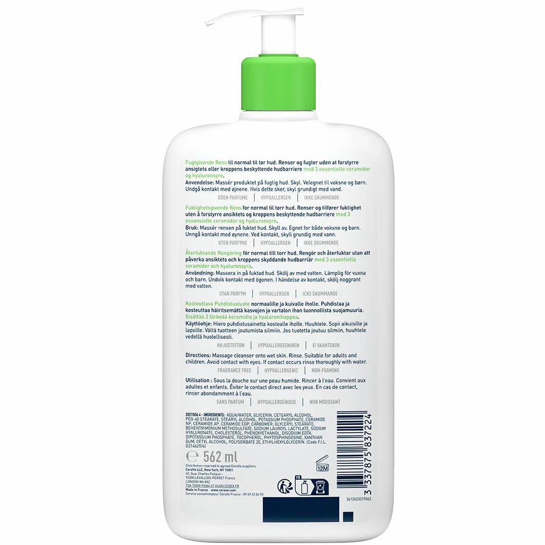 CeraVe Crème Lavante Hydratante Visage & Corps 562 ml Aux 3 Céramides Essentiels + Acide Hyaluronique Peau Normale à Sèche