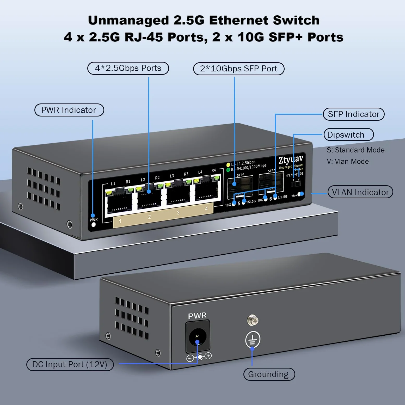 Commutateur Ethernet 2,5 G Non géré à 6 Ports avec 4 Ports RJ-45 Base-T 2,5 G, 2 Ports SFP + 10 G, Vitesse de négociation Automatique 100/1000/2500 Mbps, VLAN à Une Touche, Plug & Play, sans(6)