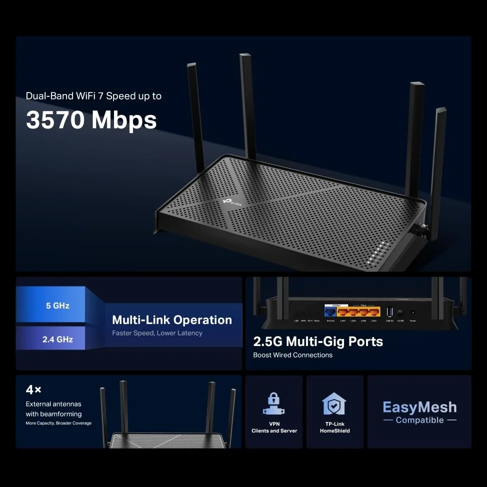 TP-Link BE3600 - Routeur Wi-FI 7 Double Bande, sans Fil et Filaire, jusqu'à 3,6 Gbps, Ports Multi-Gigabit 2.5G, MLO, Jeux et Transmission, Compatible EasyMesh, Configuration Facile,