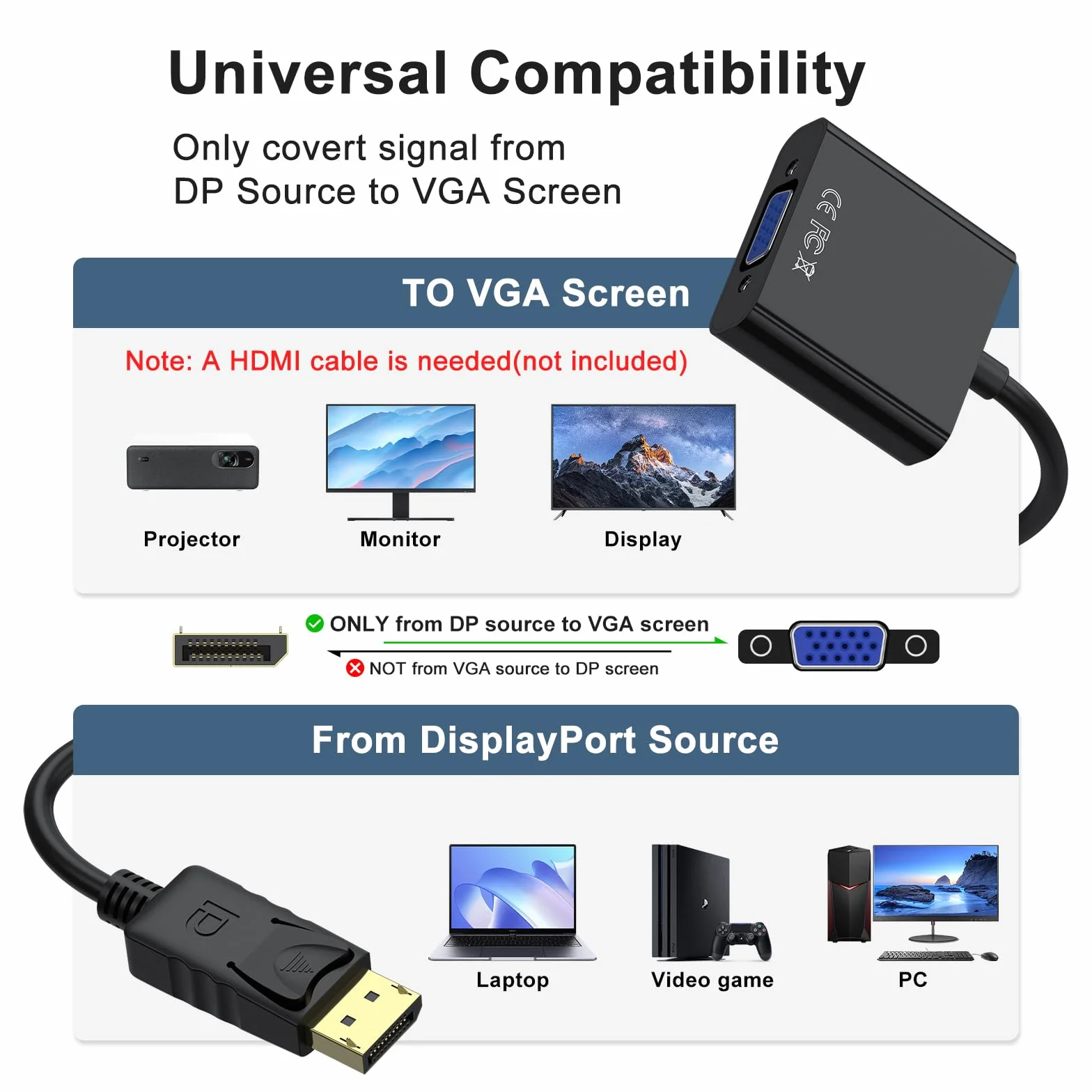 Adaptateur DisplayPort vers VGA 1080P Mâle vers Femelle Compatible Lenovo Dell HP ASUS Noir