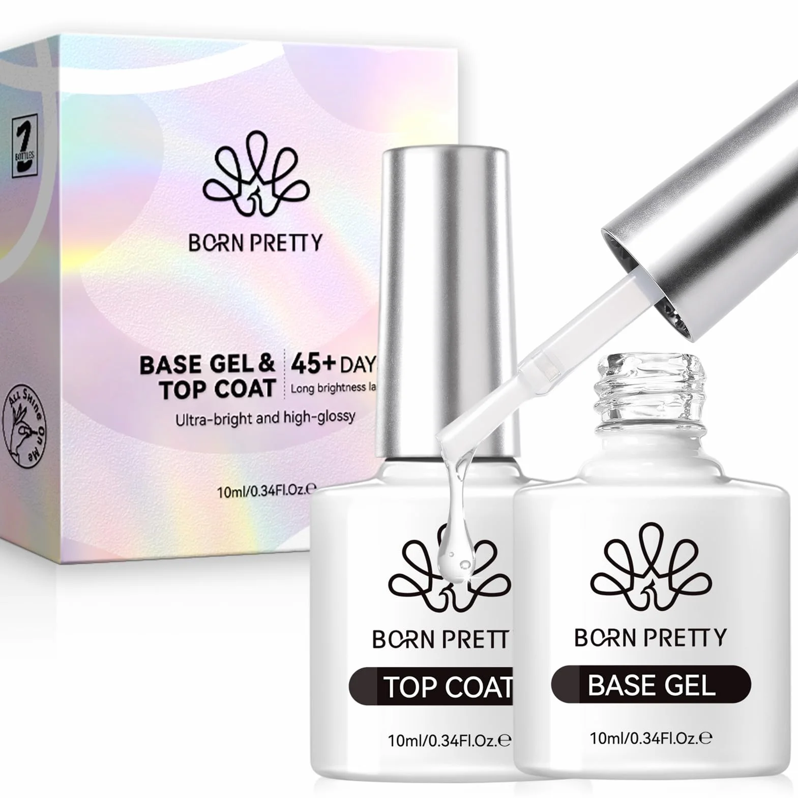BORN PRETTY Top Coat Vernis Semi Permanent Base et Top Coat Ongles Gel Longue Tenue 2 x 10ml Lampe UV LED Nécessaire