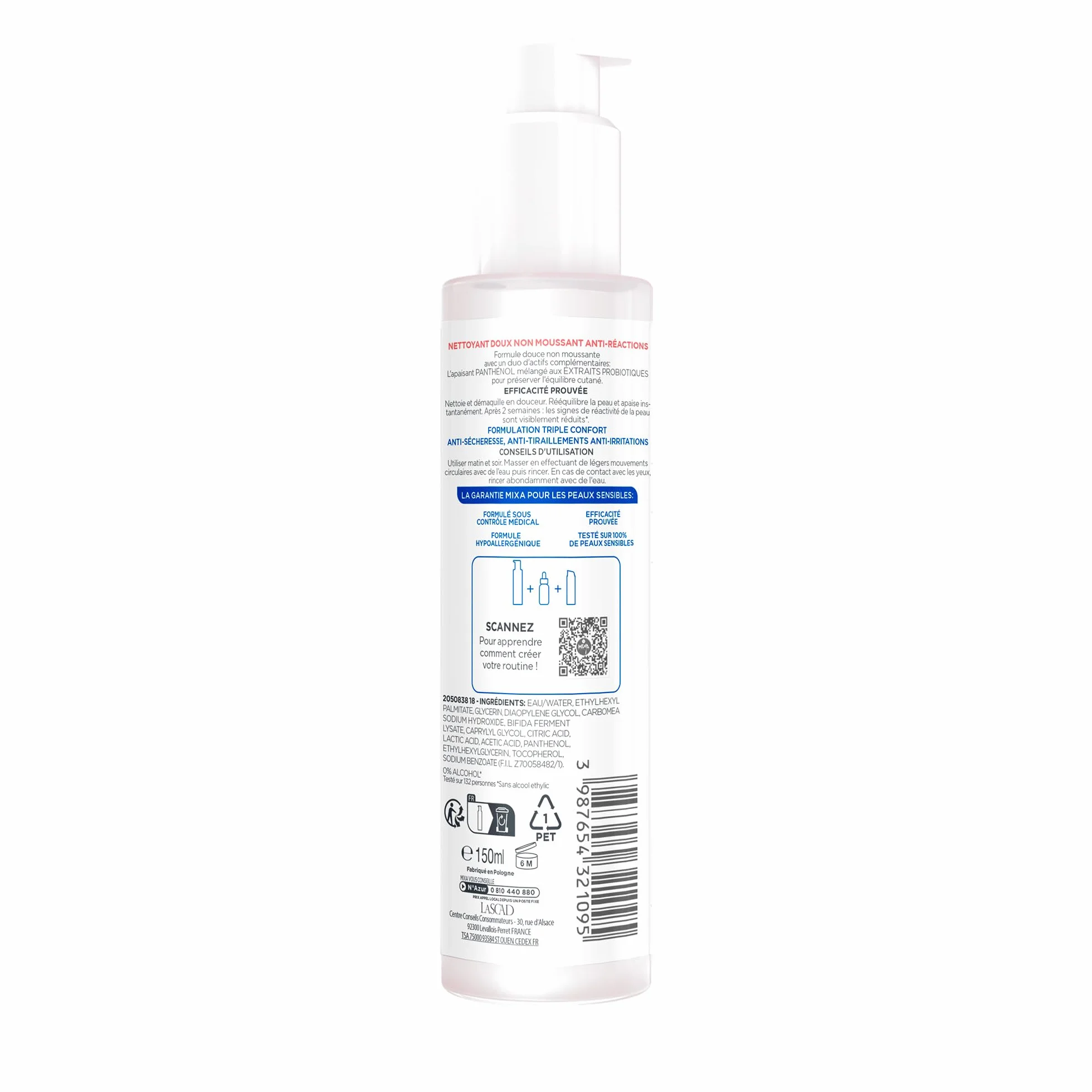 MIXA Nettoyant Visage Anti-Réactions 150 ml Panthénol Extraits Probiotiques Sans Parfum Sans Savon