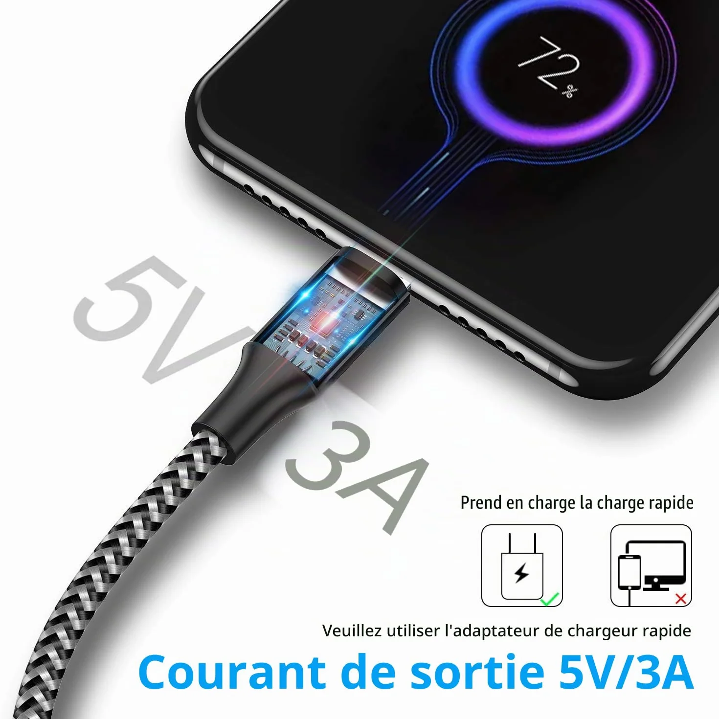 HAKUSHA Câble Micro USB 2M 3A Charge Rapide Android Nylon pour Samsung Huawei Sony
