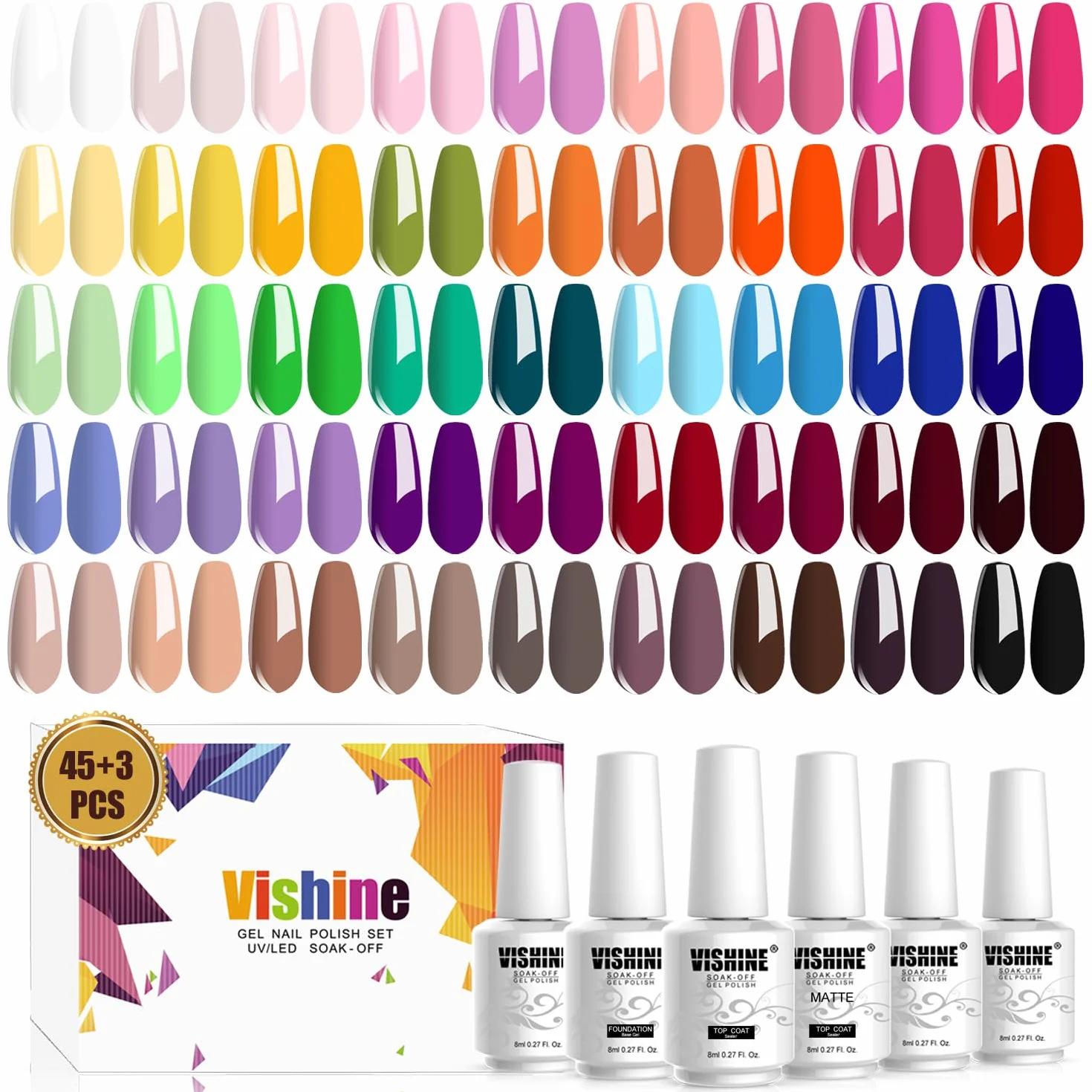 Vishine Vernis Gel Semi Permanent Lot 48 Flacons 45 Couleurs Base Top Coat Matte Top Coat UV LED Soak Off Nail Art 8ml