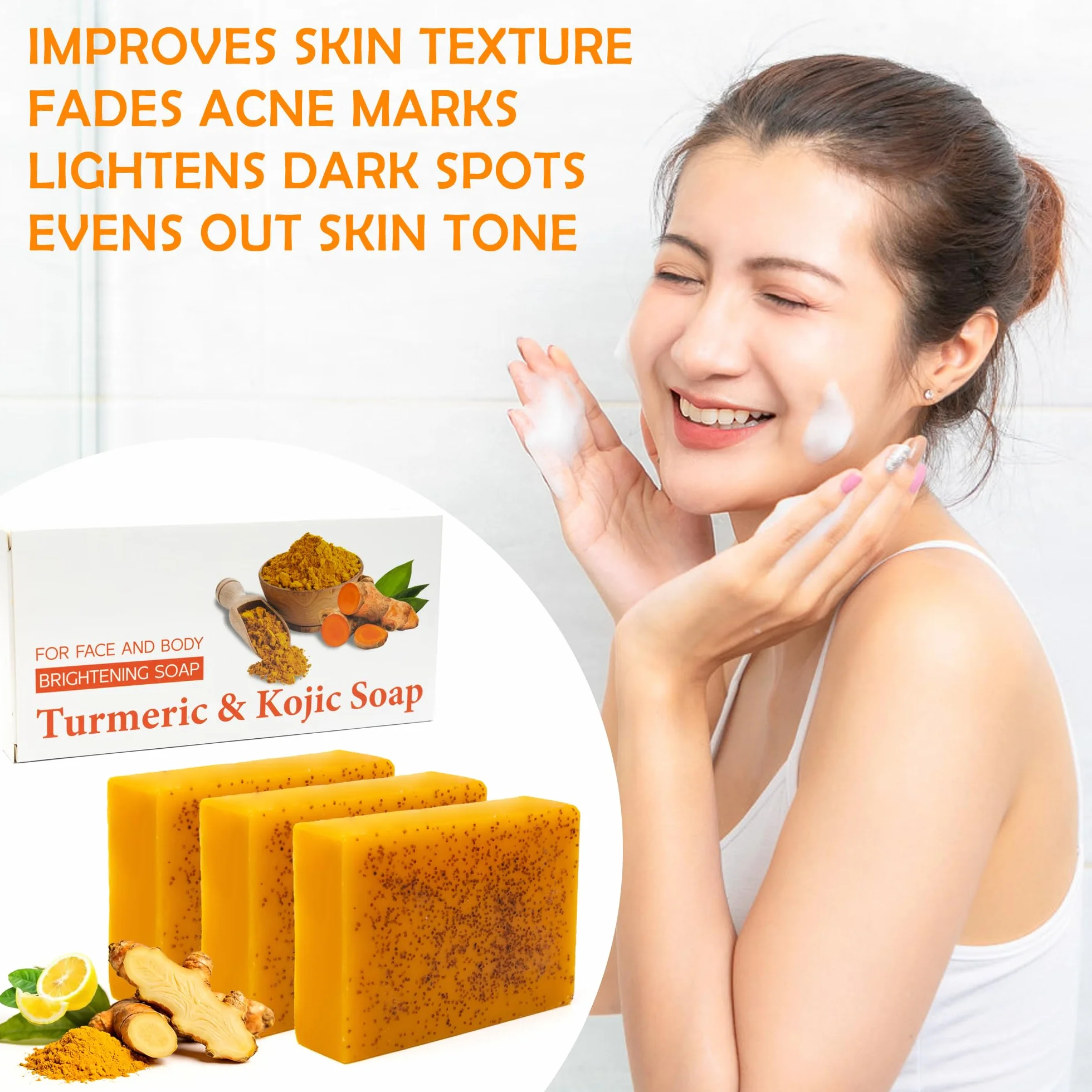 Savon Curcuma Visage et Corps Kojic Acid Soap Éclaircissant Anti-Taches Brunes Acné Hyperpigmentation Teint Uniforme Lot de 3