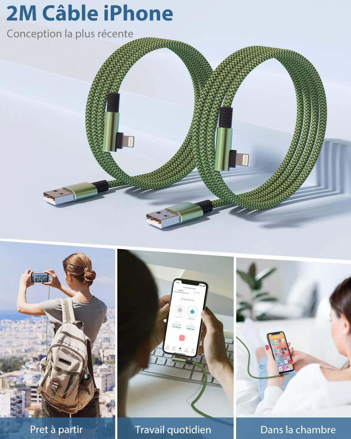 Câble iPhone 2m Lot de 2 Chargeur Angle droit 90 Degrés Certifié MFi Nylon Tressé Rapide pour iPhone 14 13 12 11 Pro Max XR X 8 7
