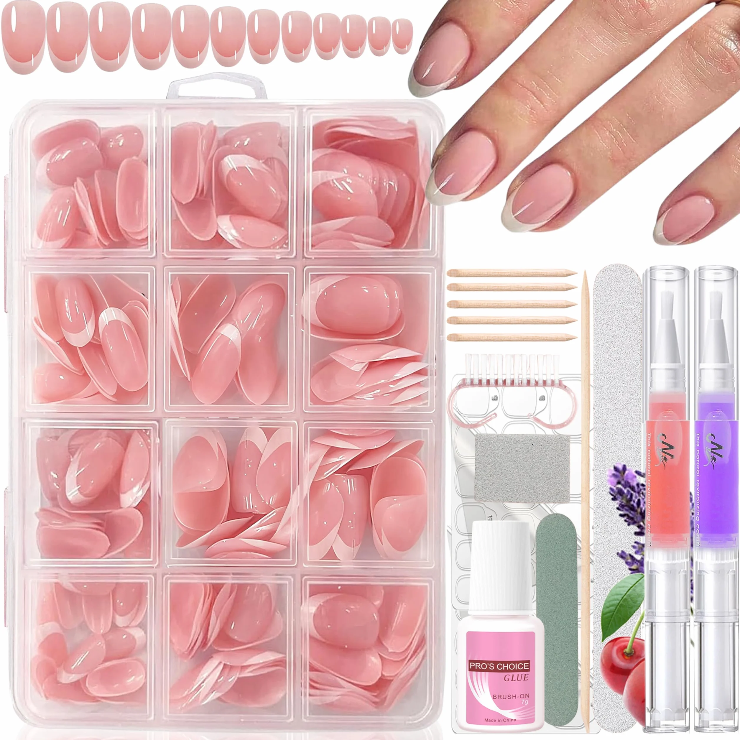 Lot de 240 faux ongles courts à coller en forme d'amande française avec 2 stylos à huile à ongles gel doux naturel nail art