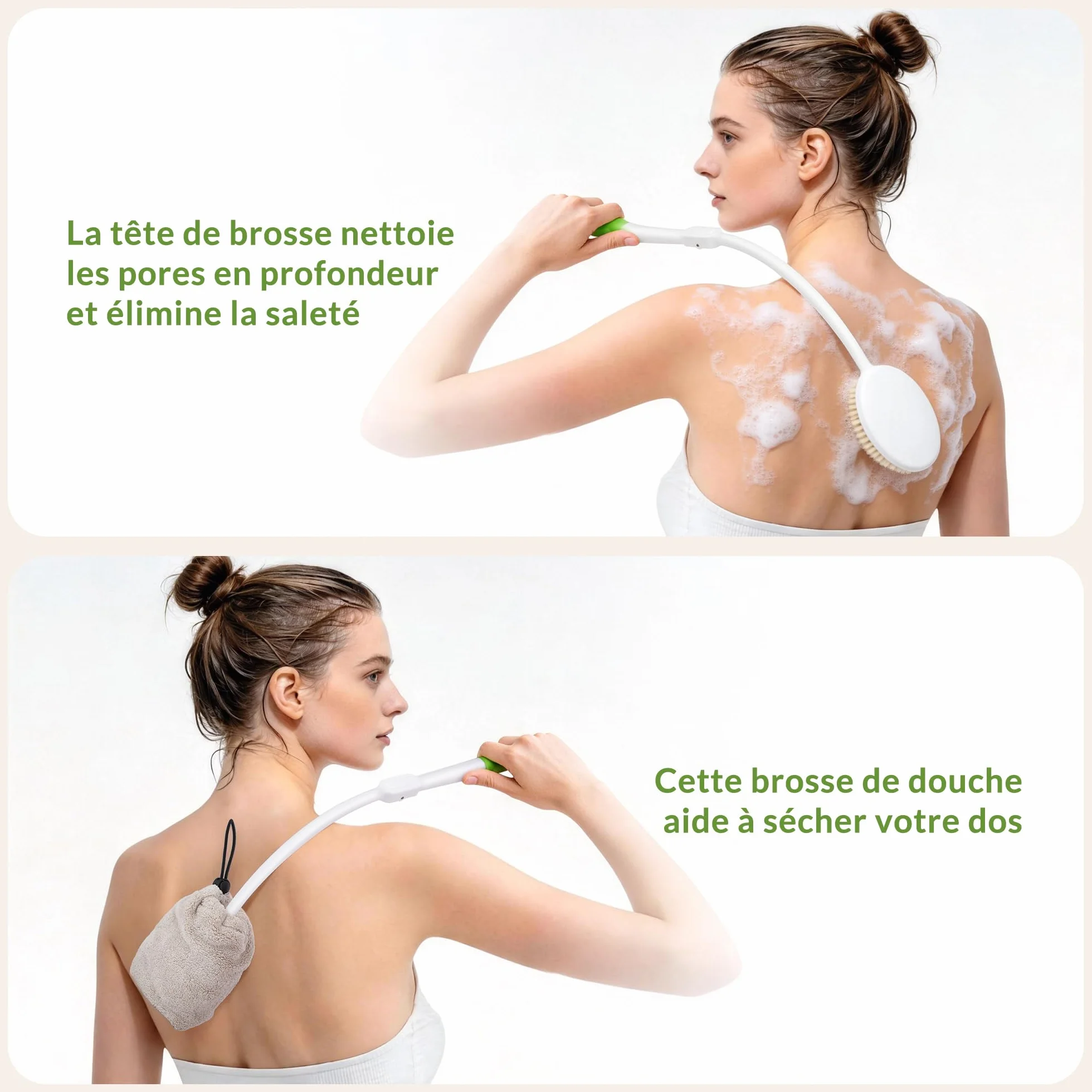 Brosse Dos Douche Pliable Long Manche – Brosse Douche Dos Poils Souples Serviette Incluse Ergonomique Nettoyage Corps Entier