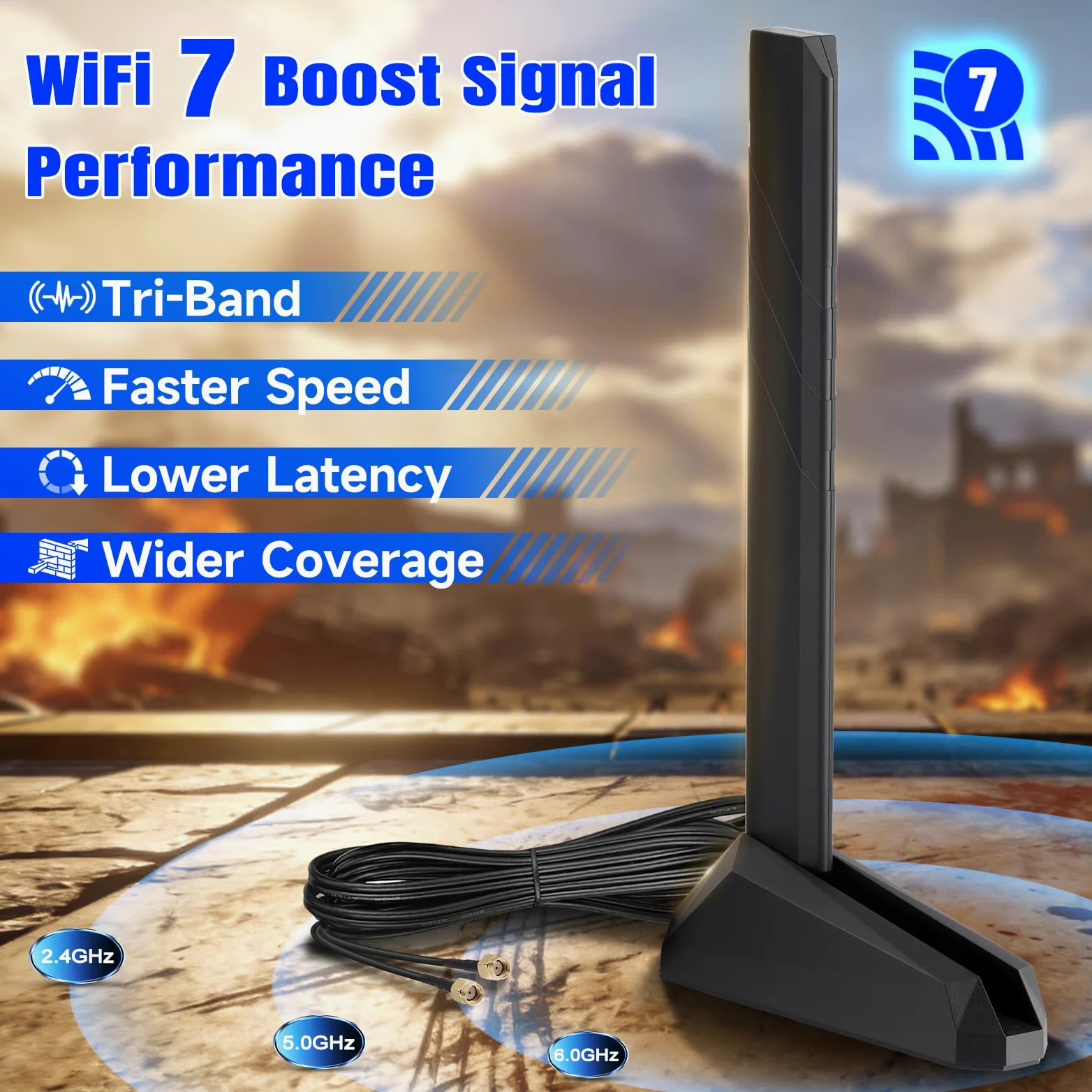 Eightwood Antenne WiFi 7 2,4 GHz 5 GHz 6 GHz WLAN 6E Antenne Tri-Bande WiFi Base magnétique avec câble d'extension de 2 m pour Bluetooth PC Carte mère WLAN Cartes PCI Carte WiFi Routeur