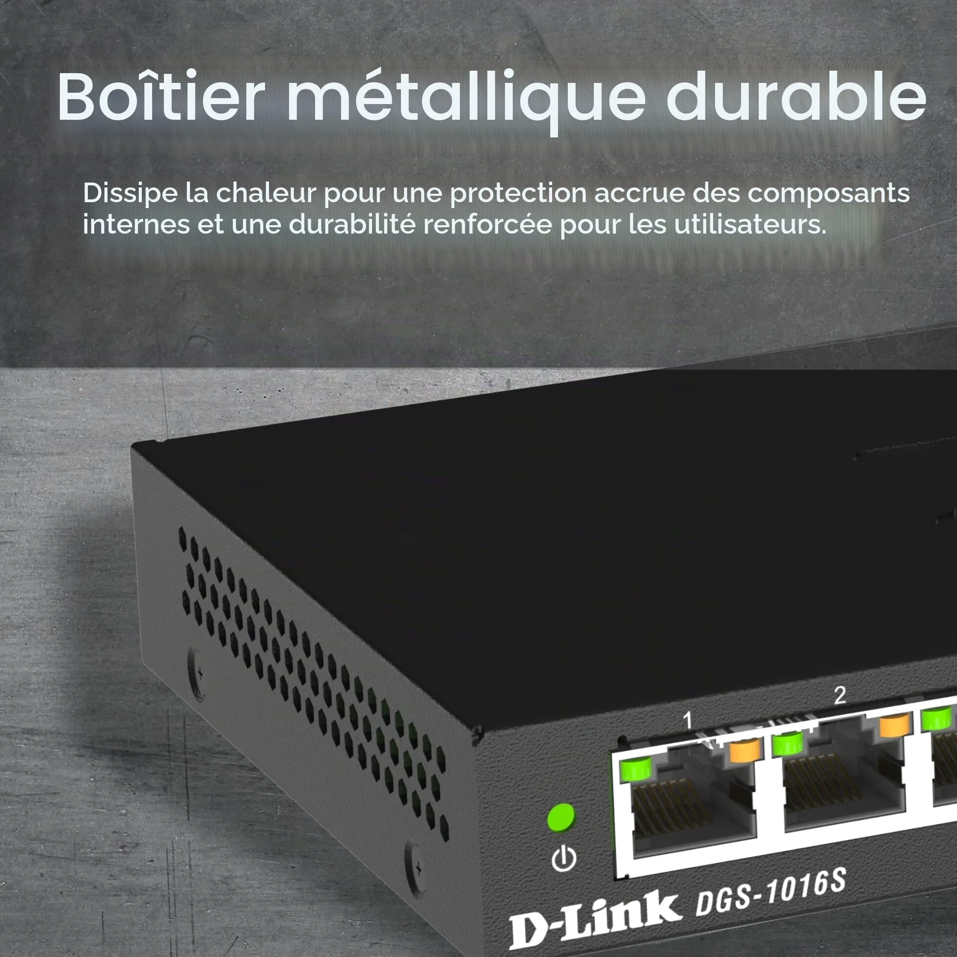 D-Link DGS-1016S Switch non administrable 16 ports Gigabit sans ventilateur à profil bas idéal sur bureau ou au mur - QoS 802.1p