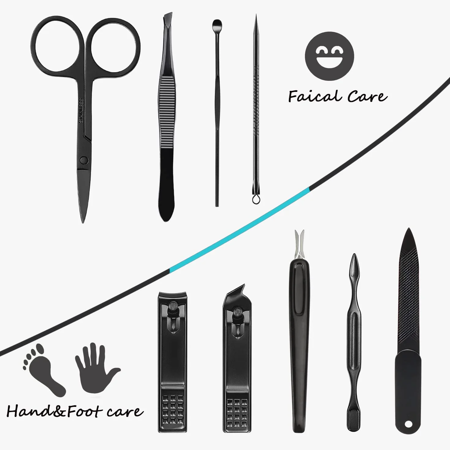 Kit de manucure 9 en 1 acier inoxydable coupe-ongles ciseaux pédicure portable étui cuir bleu