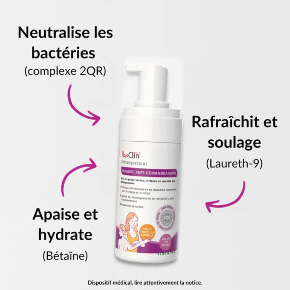 PoxClin Démangeaisons Mousse Anti-Démangeaisons 100 ml Eczéma Urticaire Piqûres Insectes Coup Soleil Visage Corps