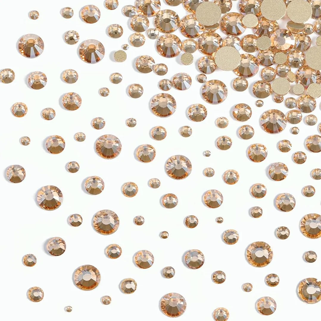 Strass Nail Art 1440 Gems à Dos Plat Rond Cristal 6 Tailles avec Pincette Pick Up Stylo Pointeur Champagne Doré