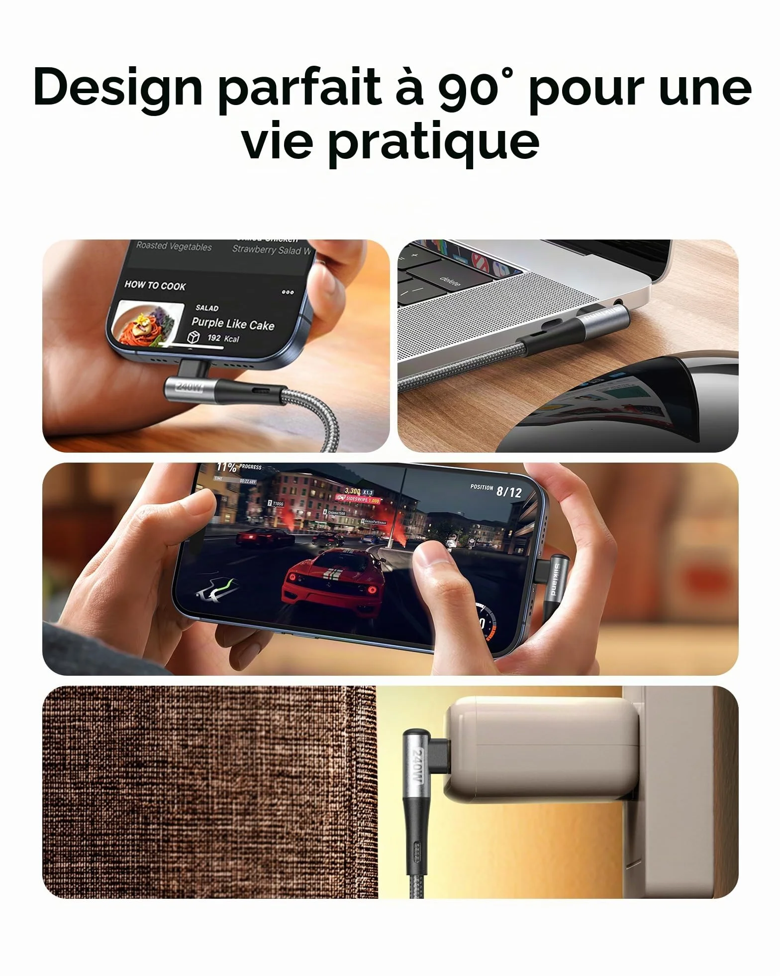 Silkland Câble USB C vers USB C Court 30CM Coudé 240W 48V/5A PD3.1&QC4.0+ Charge Rapide 90 Degrés pour Android Auto iPhone 16 15 Samsung S25 MacBook Pro Air iPad Pro Mini