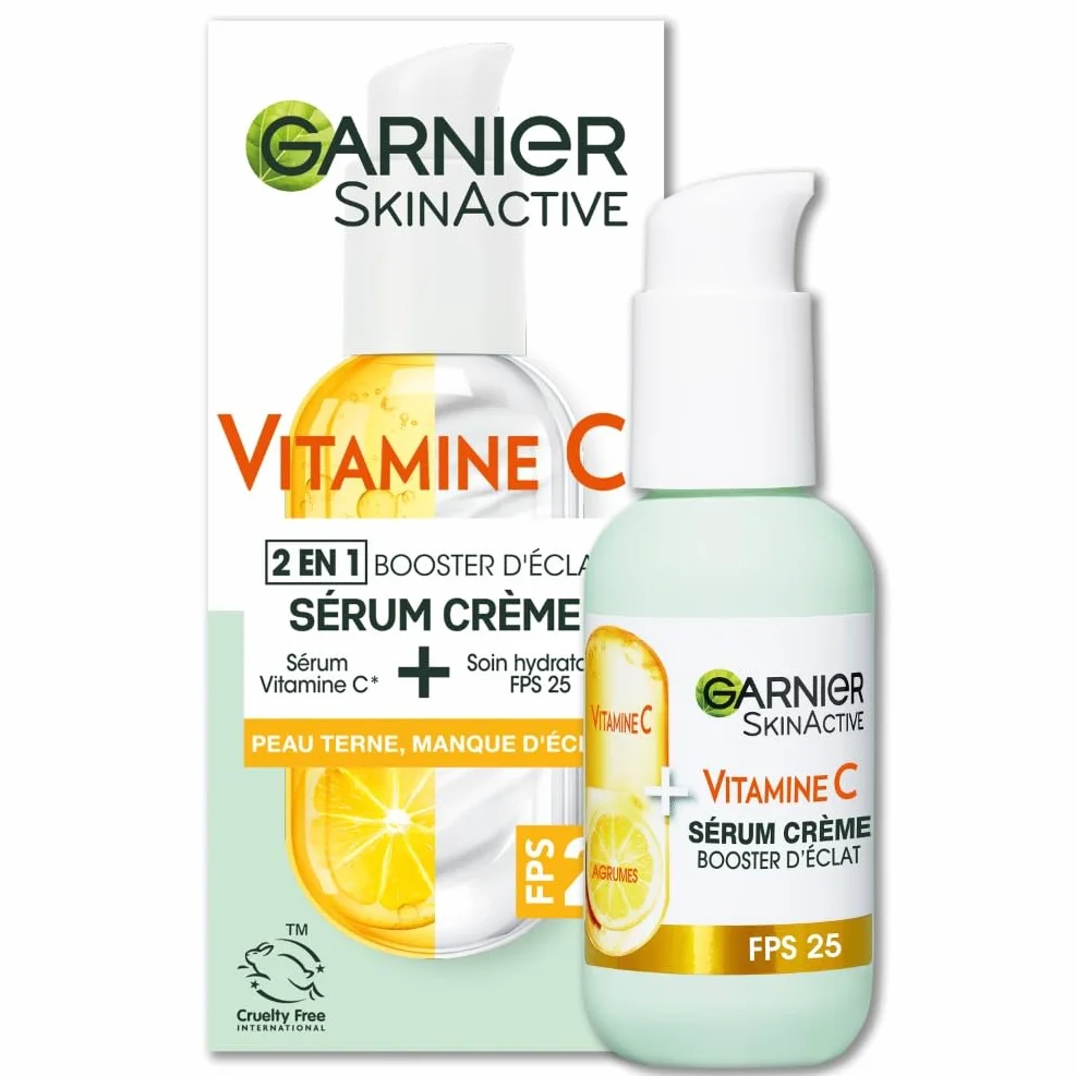 GARNIER Skin Active Sérum Crème Booster D'Éclat 2-En-1 Hydratation 72h FPS 25 Vitamine C 50 ml