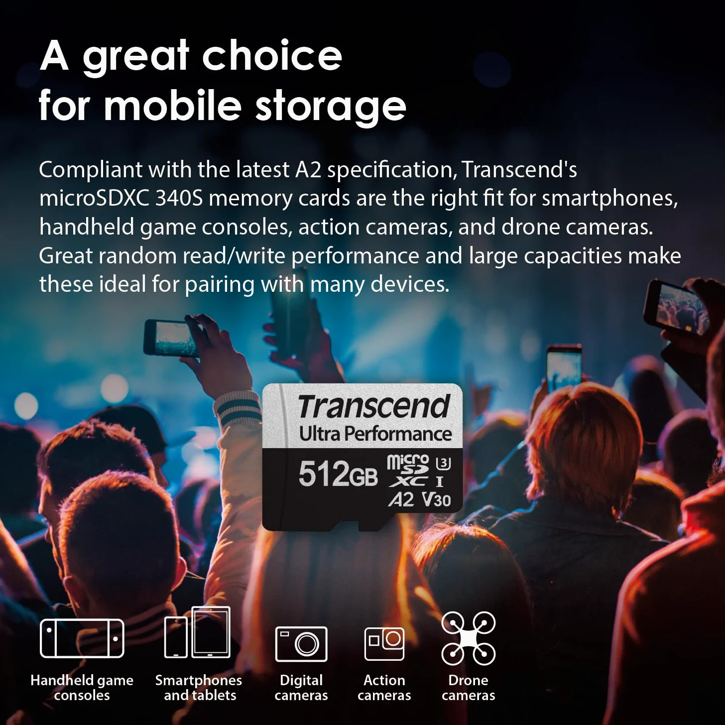 Transcend USD340S Carte mémoire microSDXC U3 V30 A2 avec Adaptateur, Vitesse jusqu'à 160/125 Mo/s pour Nintendo Switch, Steam Deck, Tablette et Smartphone TS512GUSD340S 512 Go