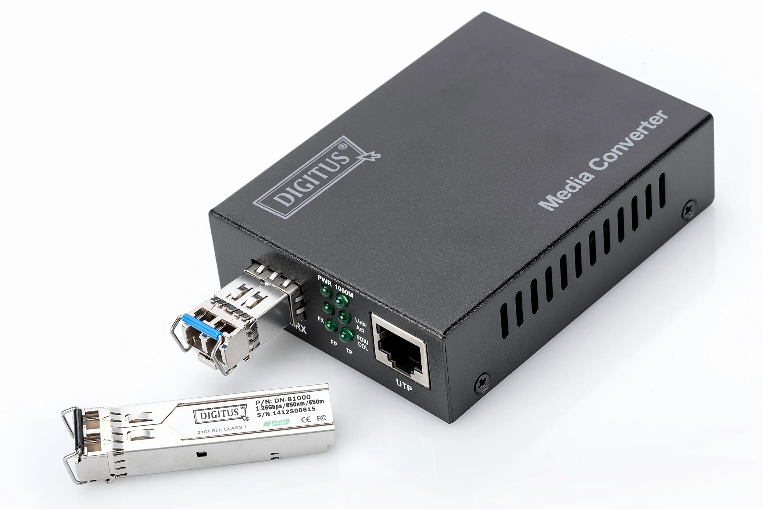 DIGITUS Convertisseur de média - SFP Port - Gbit Ethernet - RJ45 / SFP - 10/100/1000Base-T/TX à 1000Base-SX/LX - Noir