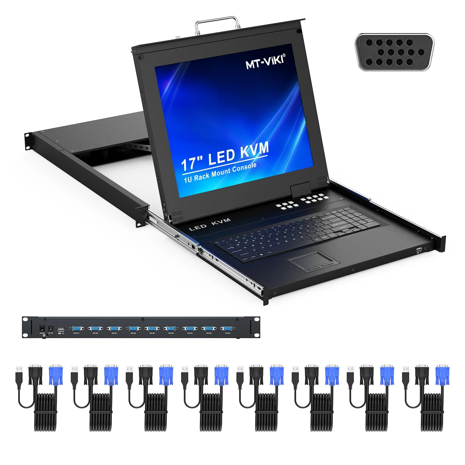 MT-VIKI 1U 17 pouces LCD Console KVM 8 ports KVM VGA Switch Rackmount avec console intégrée pour armoire 1U 600-800mm Touchpad clavier tiroir Hotkey OSD