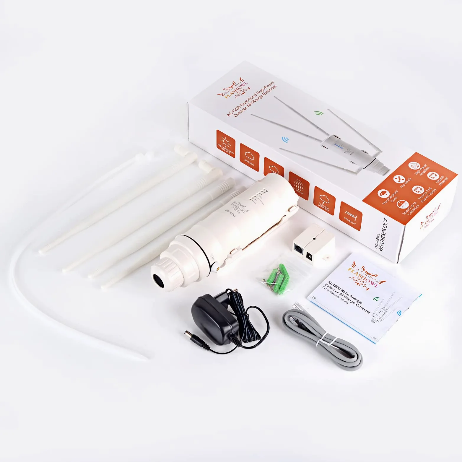Répéteur WiFi Extérieur AC1200 Borne WiFi PoE IP65 Longue Portée | Amplificateur WiFi puissant Double bande 2.4GHz 5GHz 4 antennes Point d’accès pour caméra extérieure jardin garage