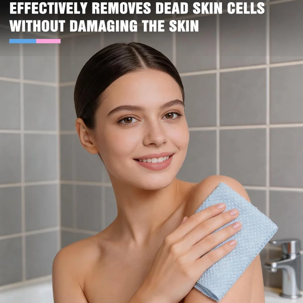 Serviette Exfoliante Douche 2 Pièces Brosse de Dos Gant Exfoliant Éponge Gommage Corps Rose Bleu