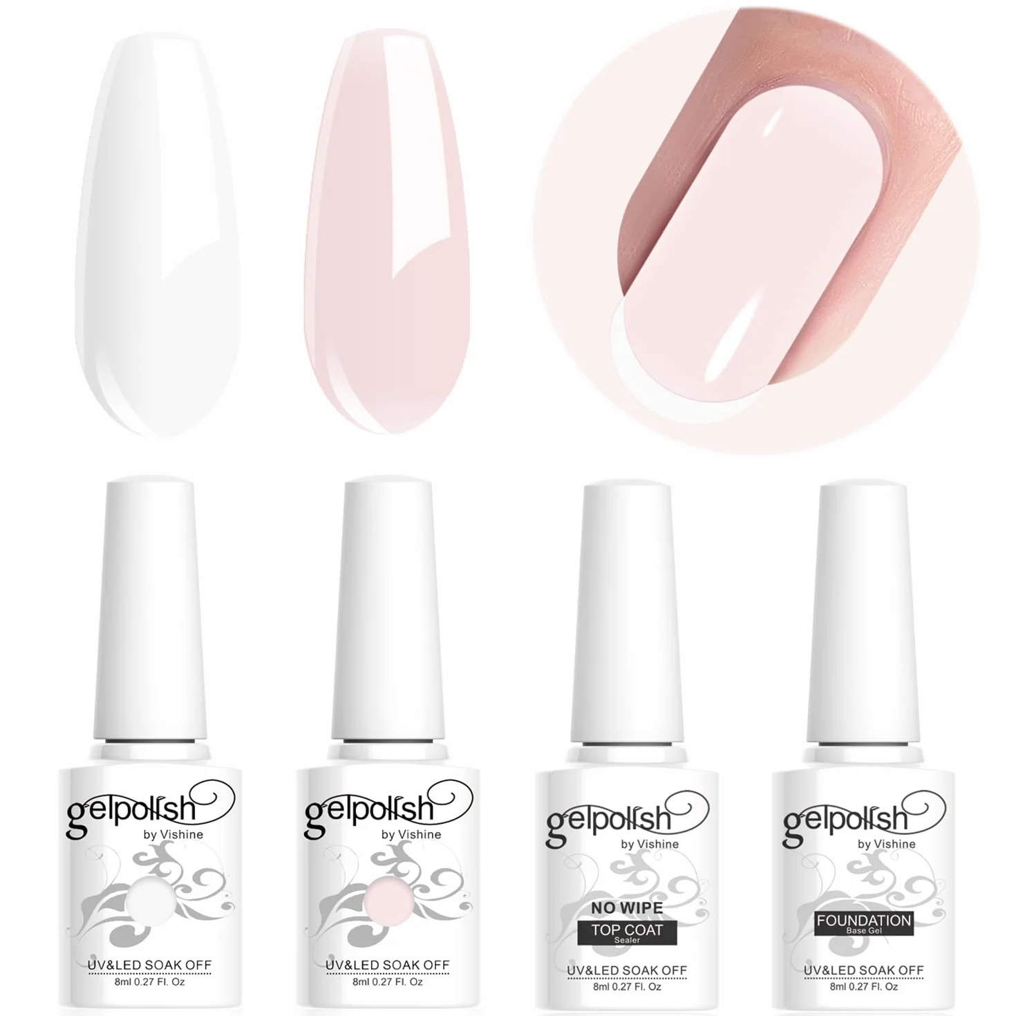 Vishine Lot Vernis Gel Semi-permanent Base Top Coat French Manucure UV LED Soak Off Nail Art Kit 4pcs 8ml