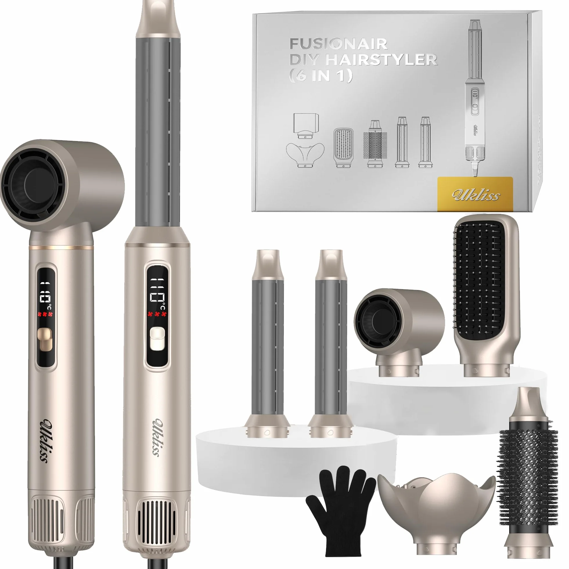 UKLISS Seche Cheveux 6 en 1 Hair Styler Brosse Soufflante Brushing LCD-Display Or