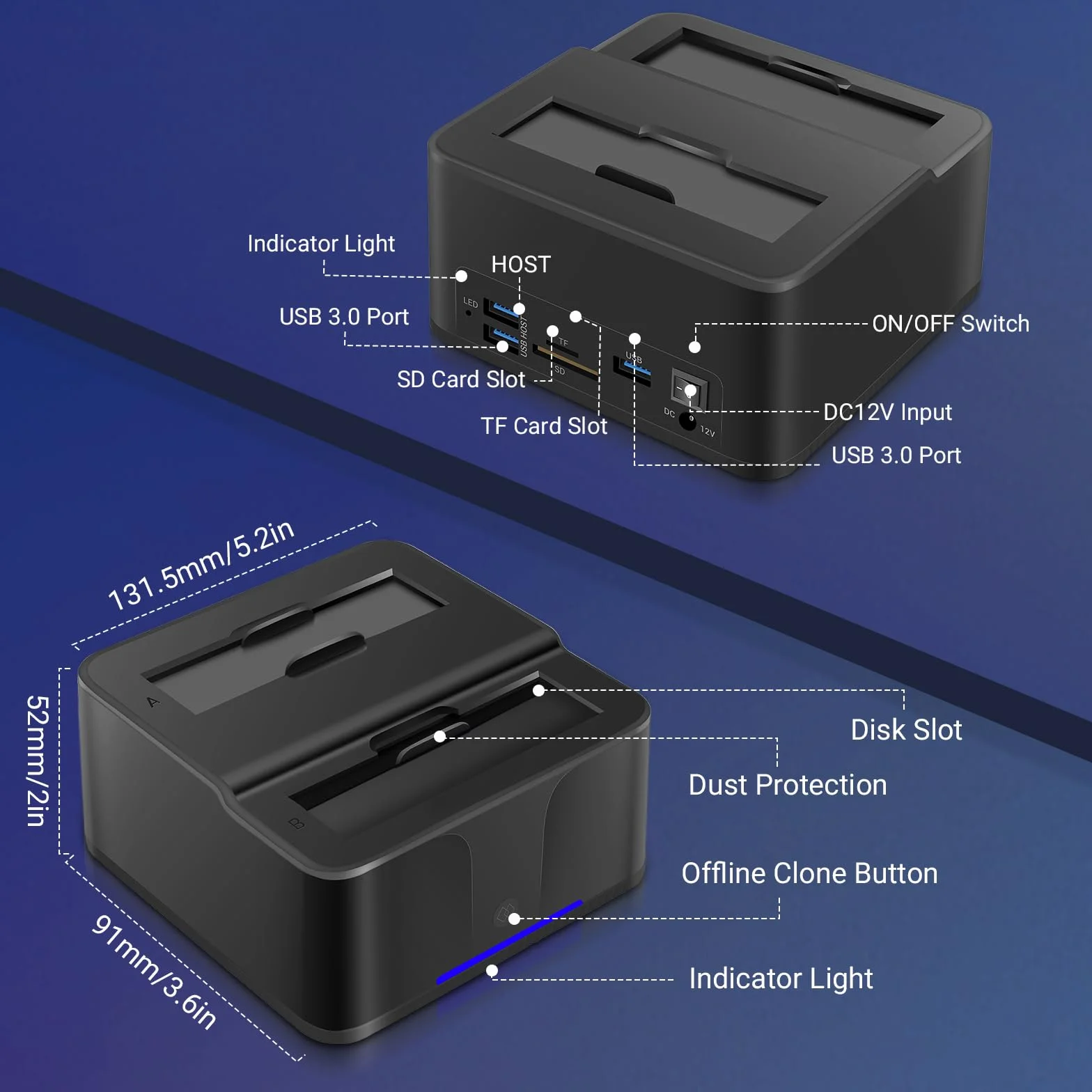 Station d'accueil pour Disque Dur USB 3.0, Double Baie 2.5/3.5 Pouces SATA HDD/SSD, 32 To avec Clone Hors Ligne