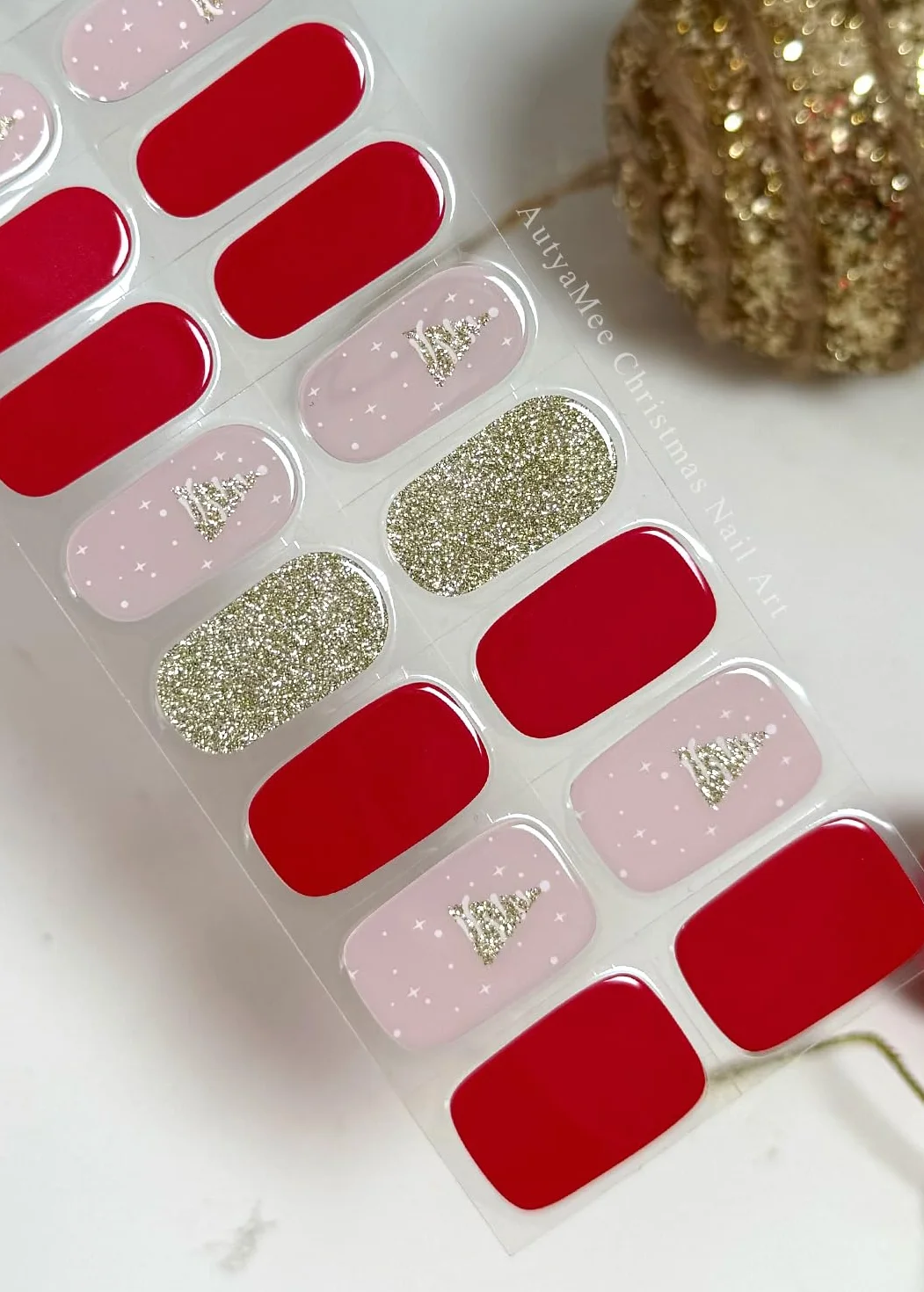 AutyaMee Lot de 20 bandelettes de gel semi-durcies sapin de Noël autocollants UV rouge douillet