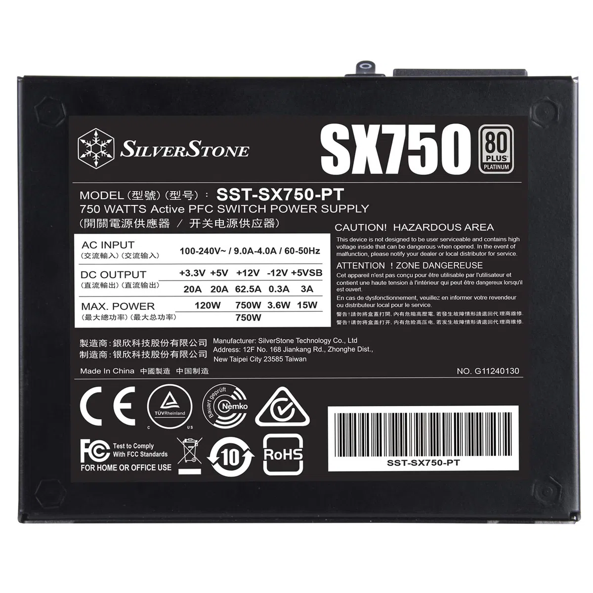 SilverStone Technology SST-SX750-PT - Série SFX, 750W 80 Plus Platine Alimentation PC, Bruit réduit, 92mm