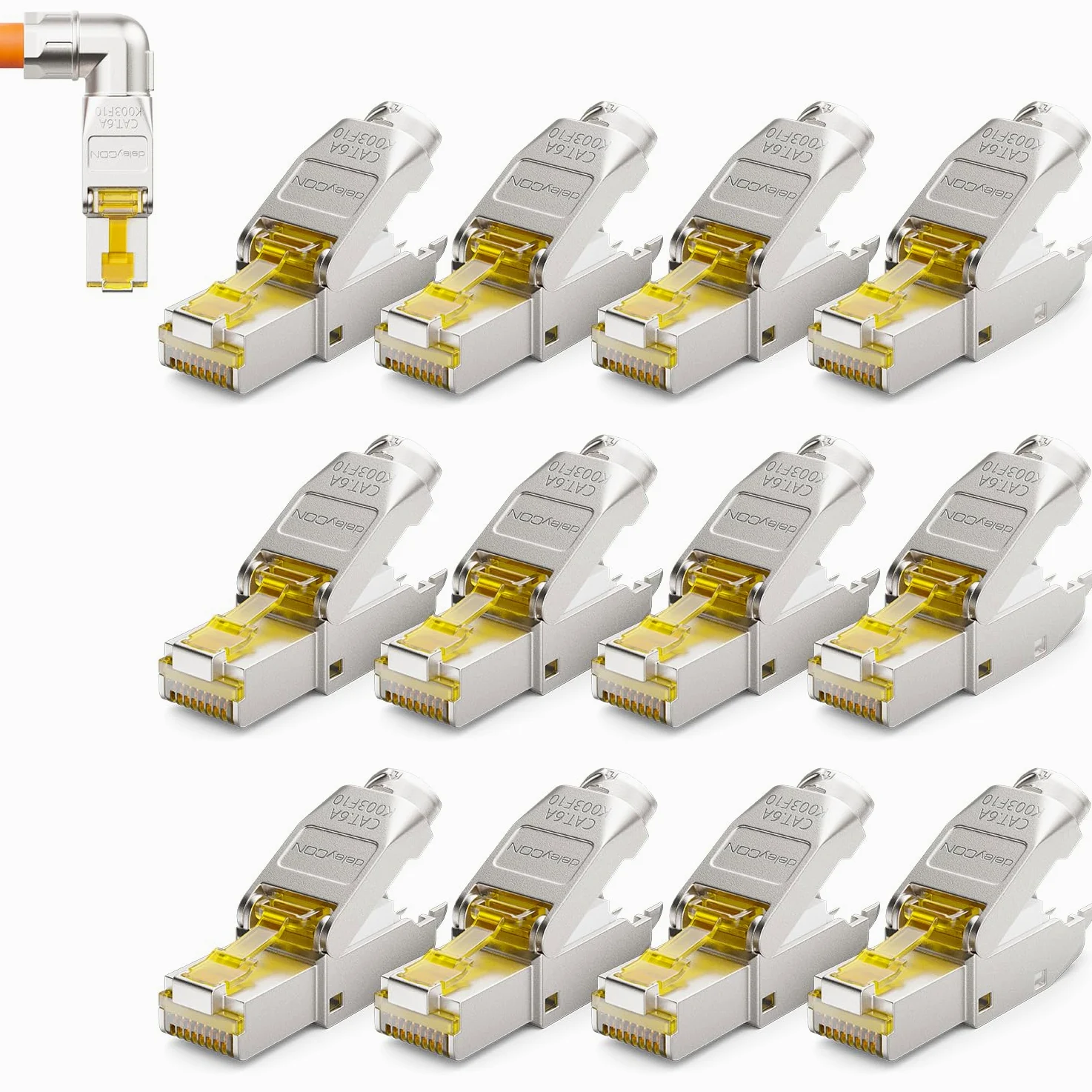 deleyCON 12x Connecteur Réseau RJ45 Cat 6a Coudé 90° sans Outil, Blindé, 10 Gbit/s - pour Câbles D’installation Rigides - Ethernet LAN/DSL, Patch | Sans outil, blindé, pour câble de pose rigide, câble brut, connecteur RJ45 Ethernet LAN DSL câble patch