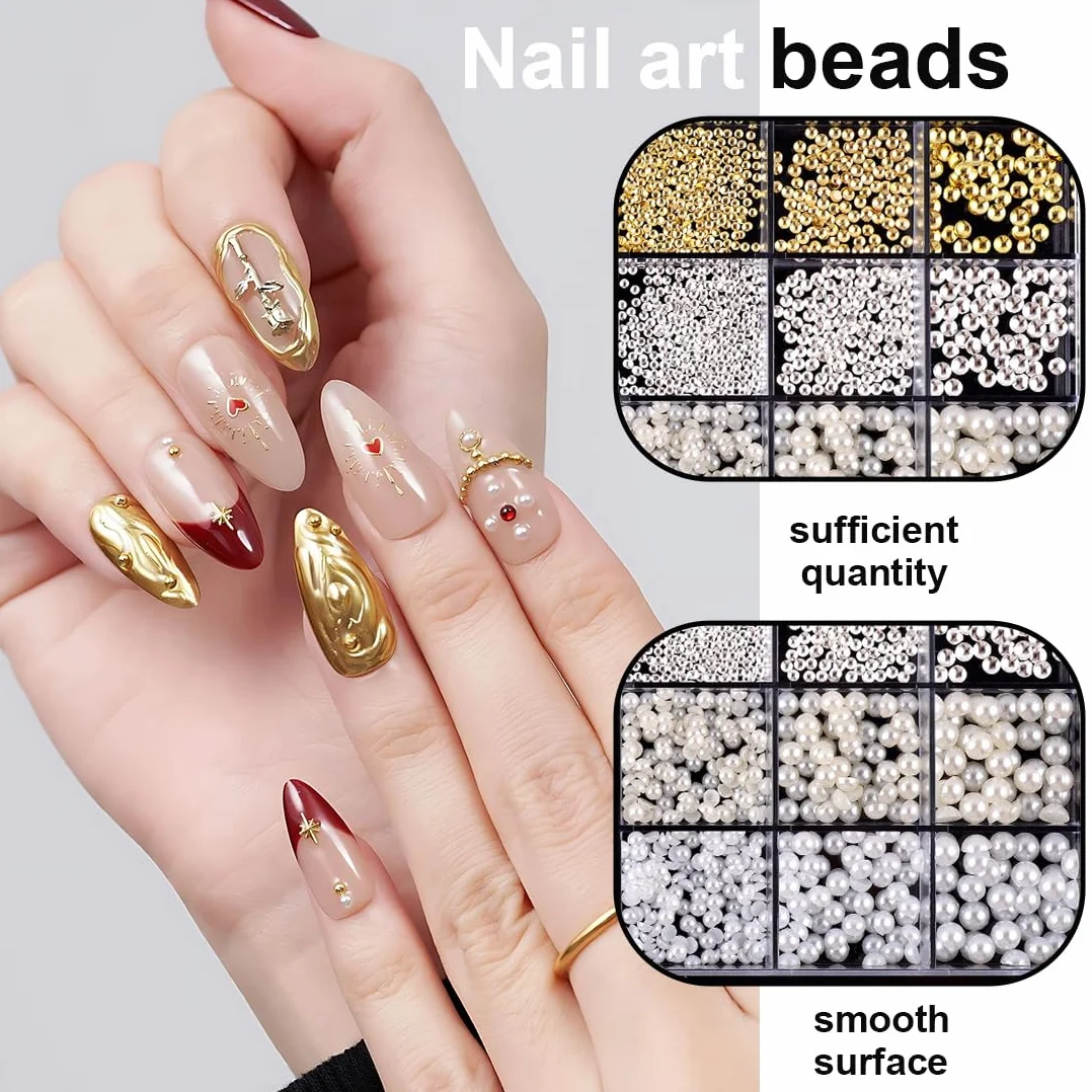 Perles plates dorées et argentées pour ongles, Strass ongle, demi-rondes blanches et beiges, Deco ongle nail art DIY