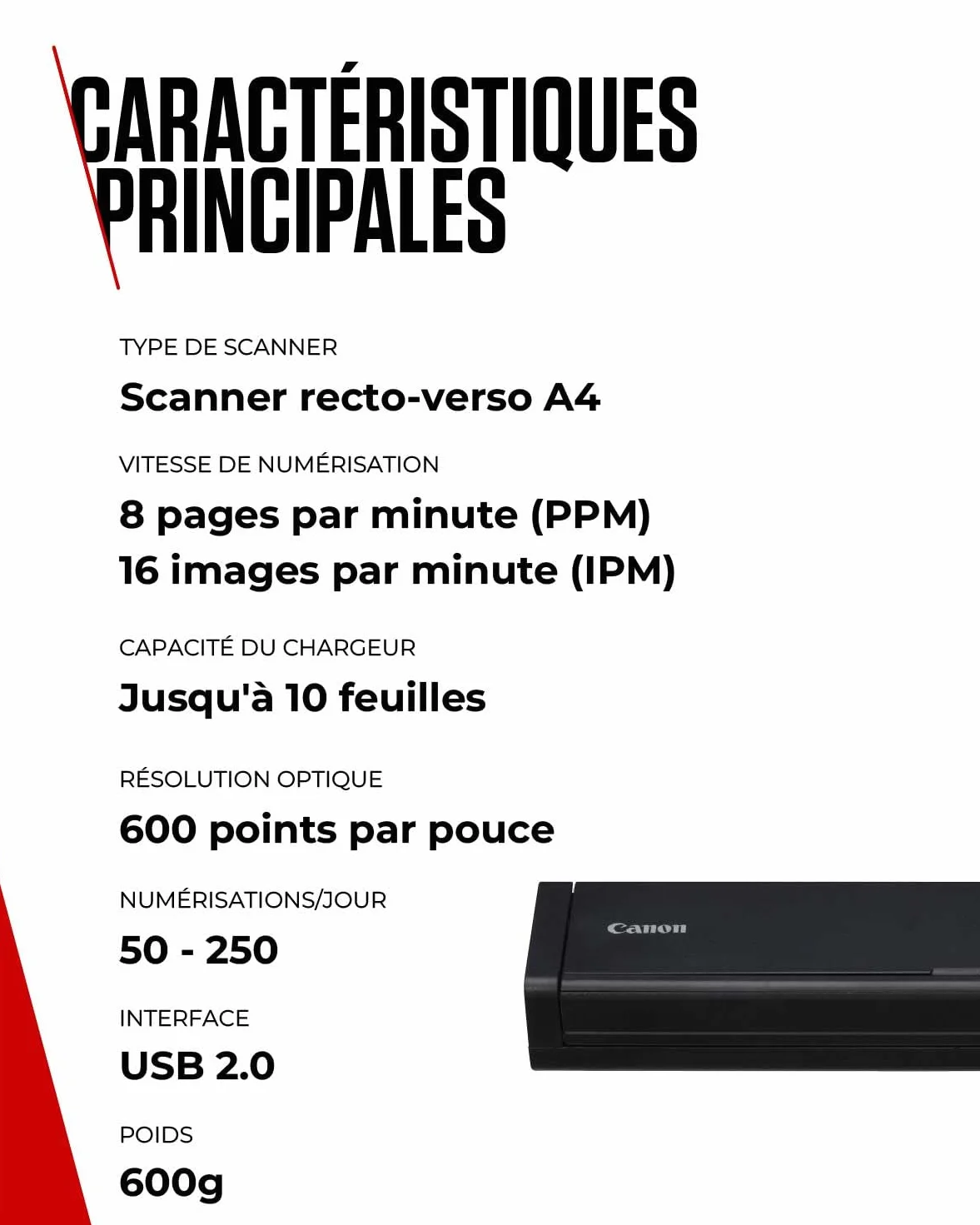 Canon imageFORMULA P-208II Scanner Portable Recto Verso USB, Chargeur Automatique 10 Pages, CaptureOnTouch Lite