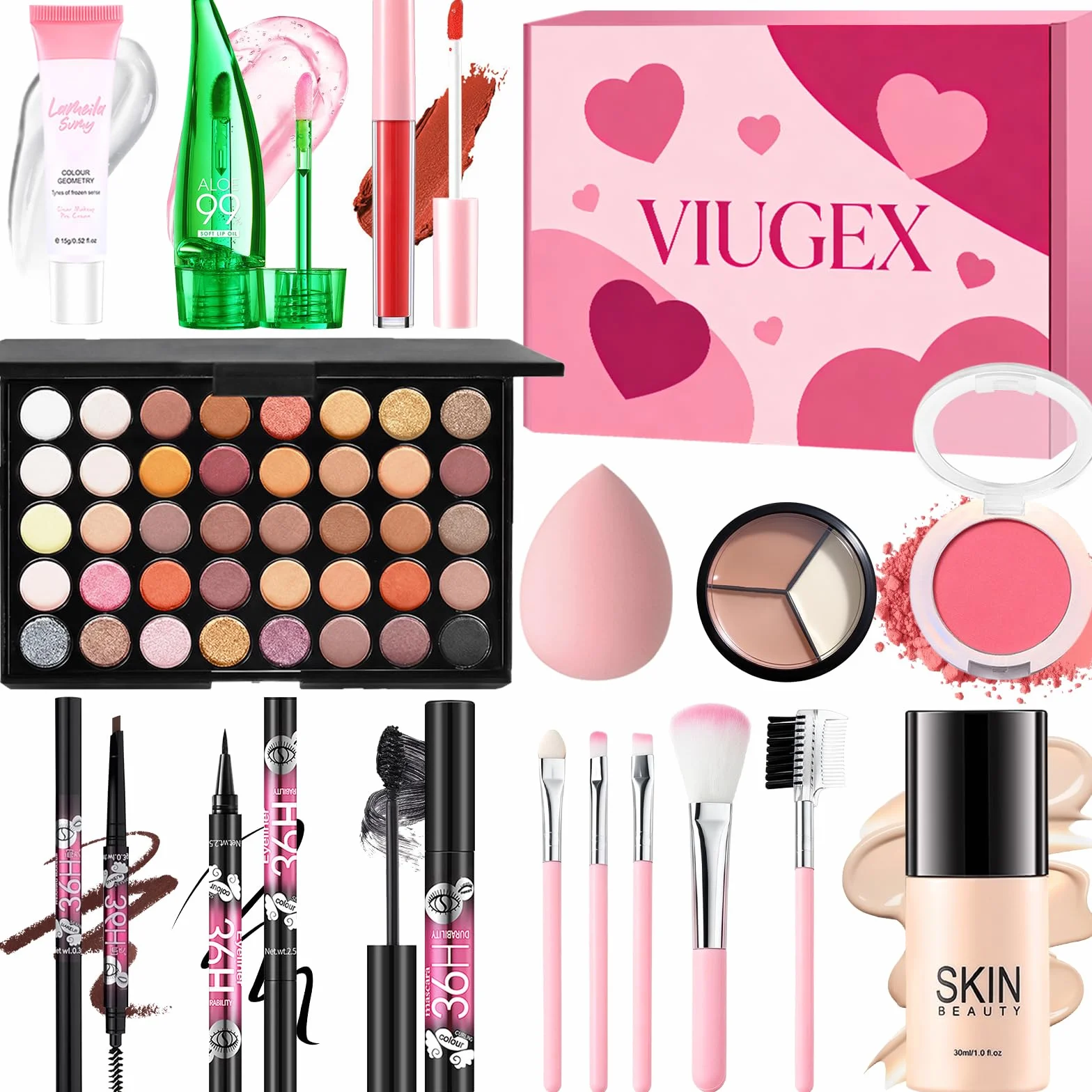 Coffret Maquillage Femme Tout-en-un avec Fond de Teint, Palette Fard à Paupières, Blush, Correcteur, Brillant à Lèvres, Eyeliner, Mascara
