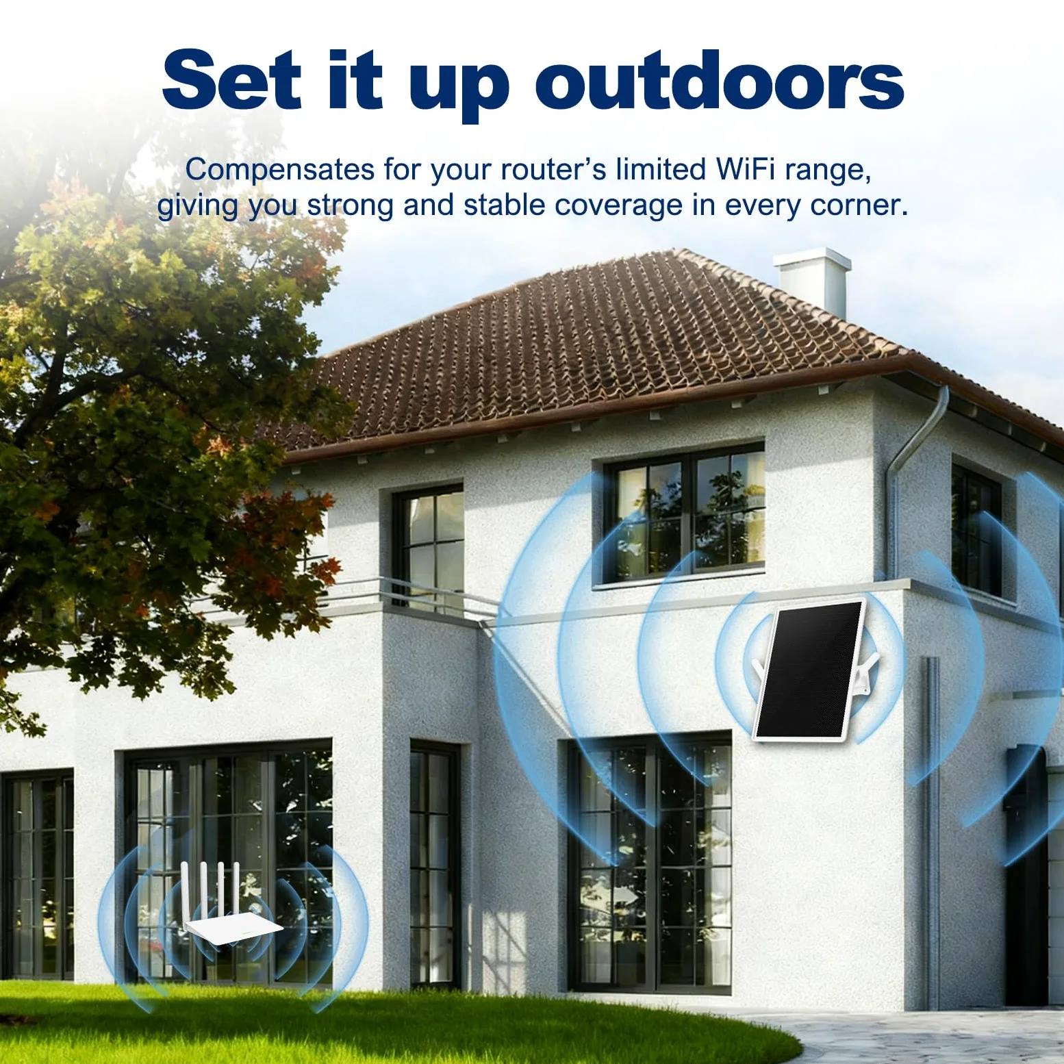 Répéteur WiFi solaire extérieur, amplificateur WiFi 300 Mbit/s 2,4 GHz avec batterie solaire, portée WiFi jusqu'à 100 m, mode point d'accès, compatible avec tous les appareils Wi-Fi 2,4 GHz