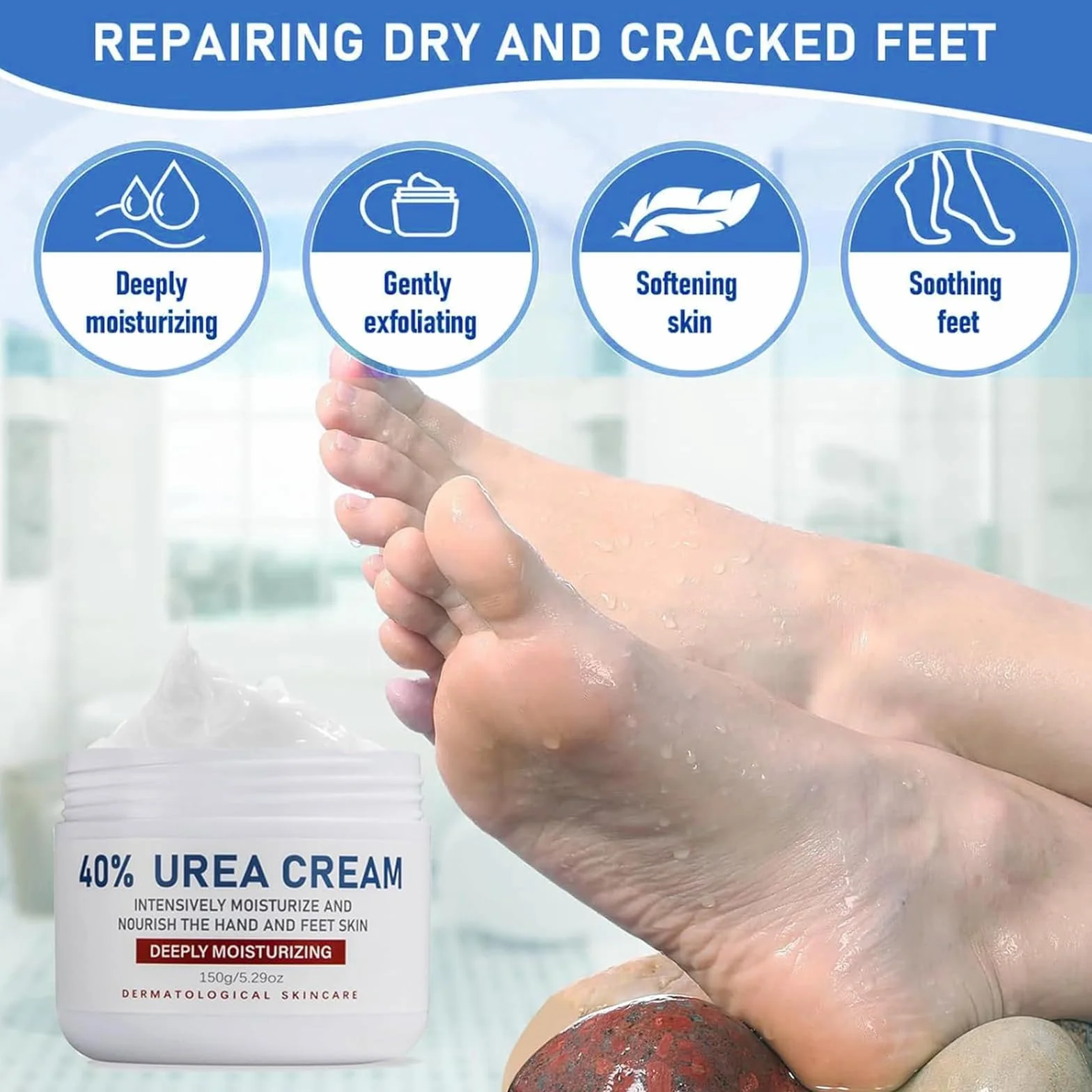 Crème à l'Urée 40% pour les Pieds, Réparatrice Hydratante Peau Sèche Craquelée, 150g