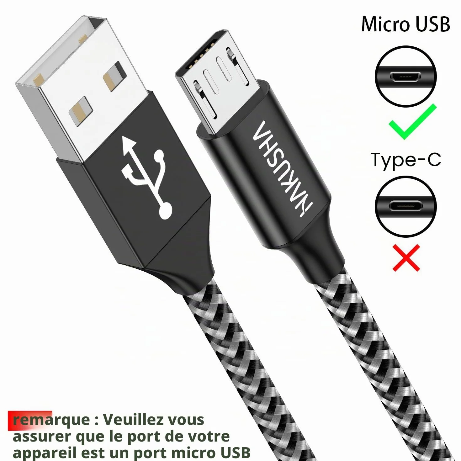 HAKUSHA Câble Micro USB 2M 3A Charge Rapide Android Nylon pour Samsung Huawei Sony