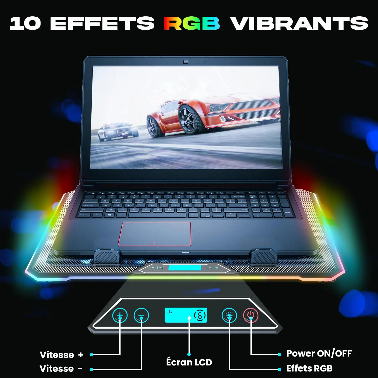 KLIM V15 Refroidisseur PC Portable 15 Ventilateurs RGB Support Gaming 10-17 Pouces 2 Ports USB