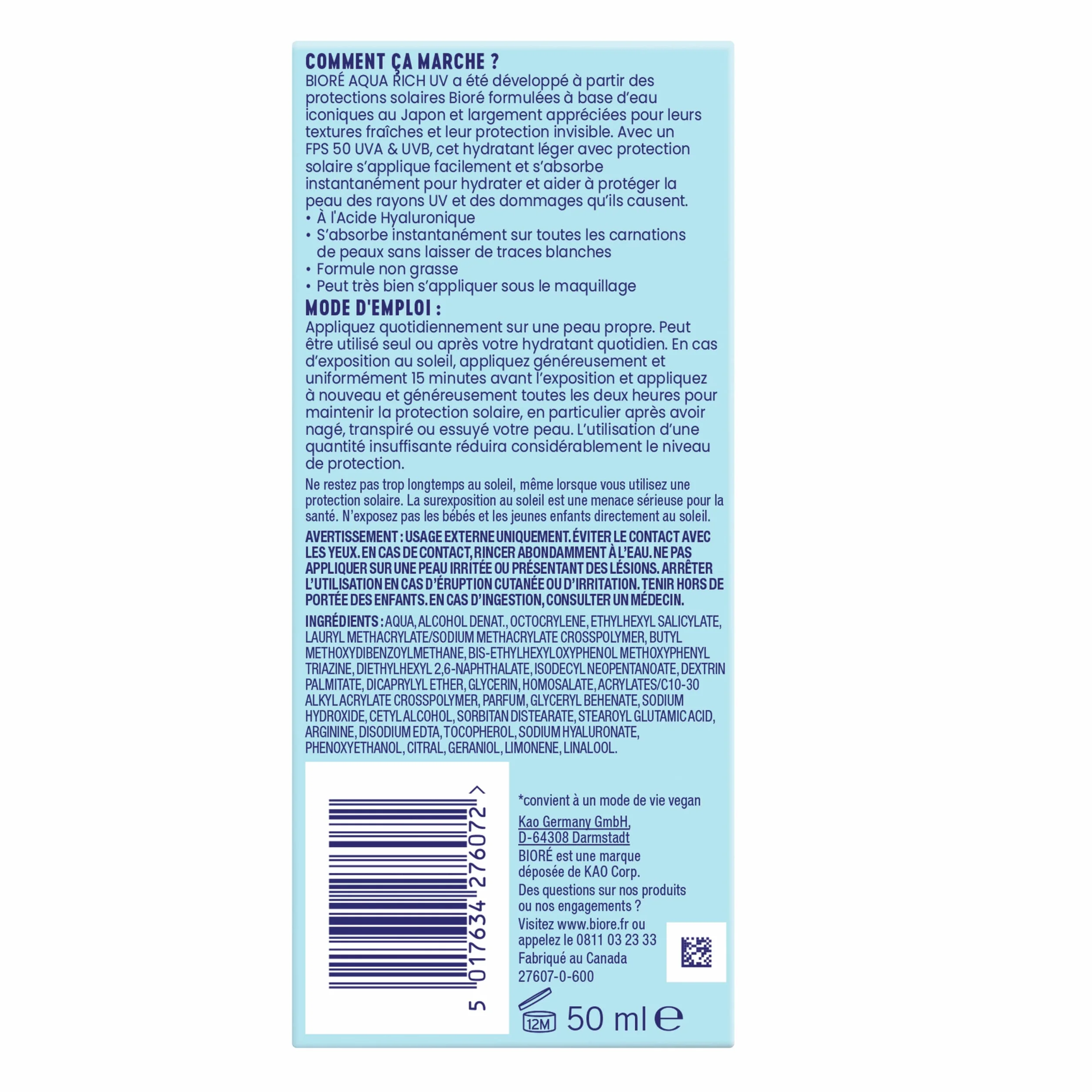 BIORÉ Aqua Rich UV FPS50 PA++++ Crème solaire visage Haute Protection UV Hydratation Acide hyaluronique